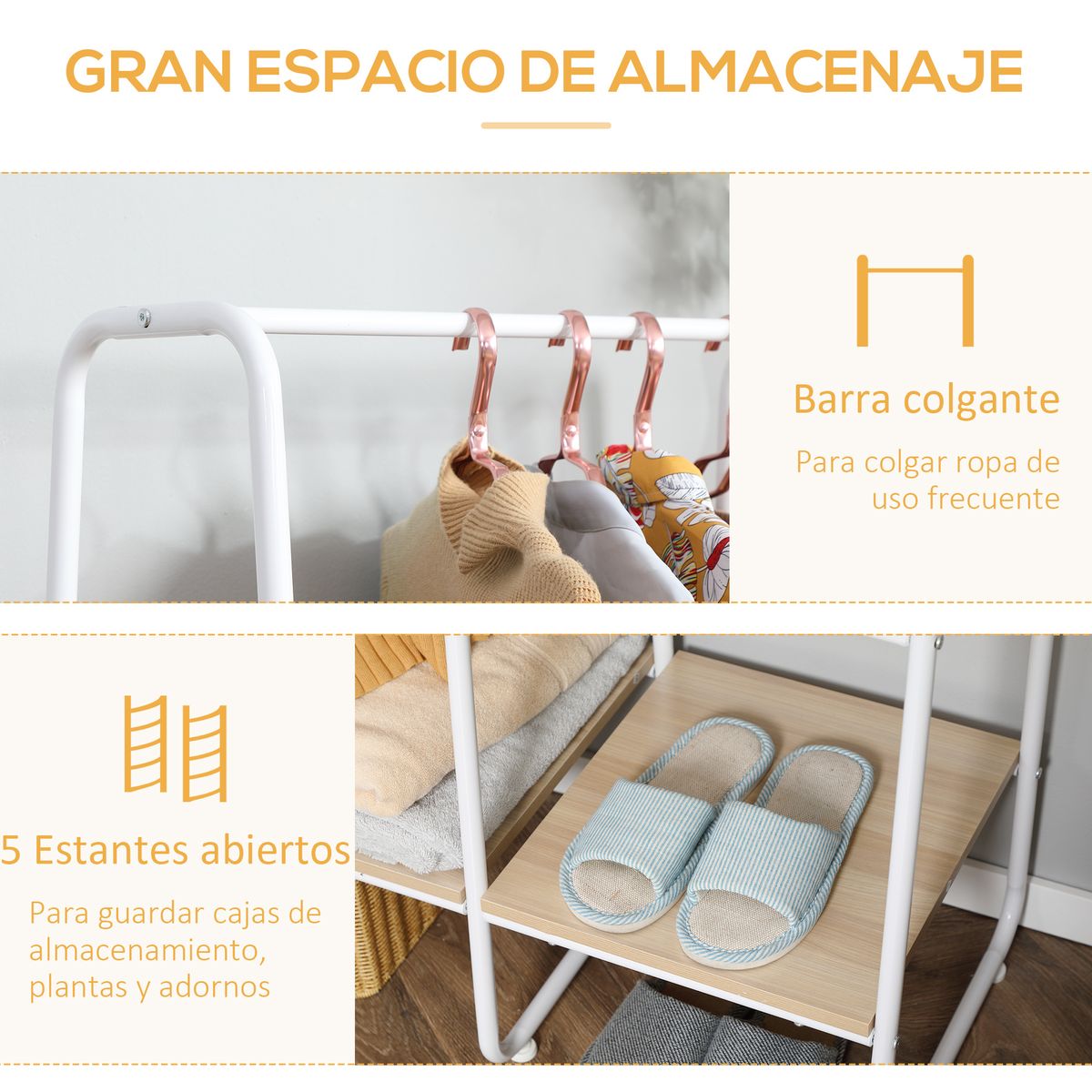 Perchero Toliara Homcom 5 estantes + barra blanco/natural 160x102x39 cm