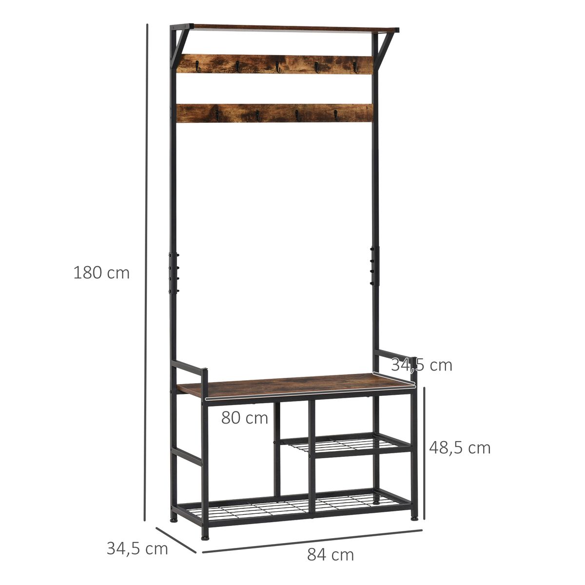 Perchero zapatero Tumar Homcom 3 estantes + 9 ganchos marrón/negro 180x84x34,5 cm