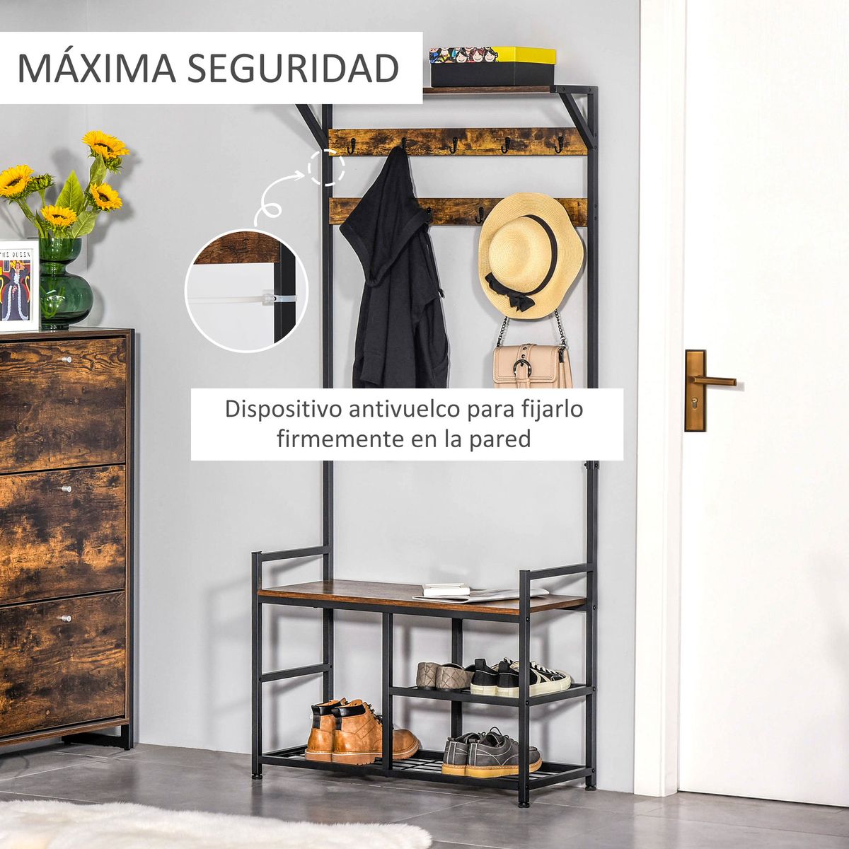 Perchero zapatero Tumar Homcom 3 estantes + 9 ganchos marrón/negro 180x84x34,5 cm