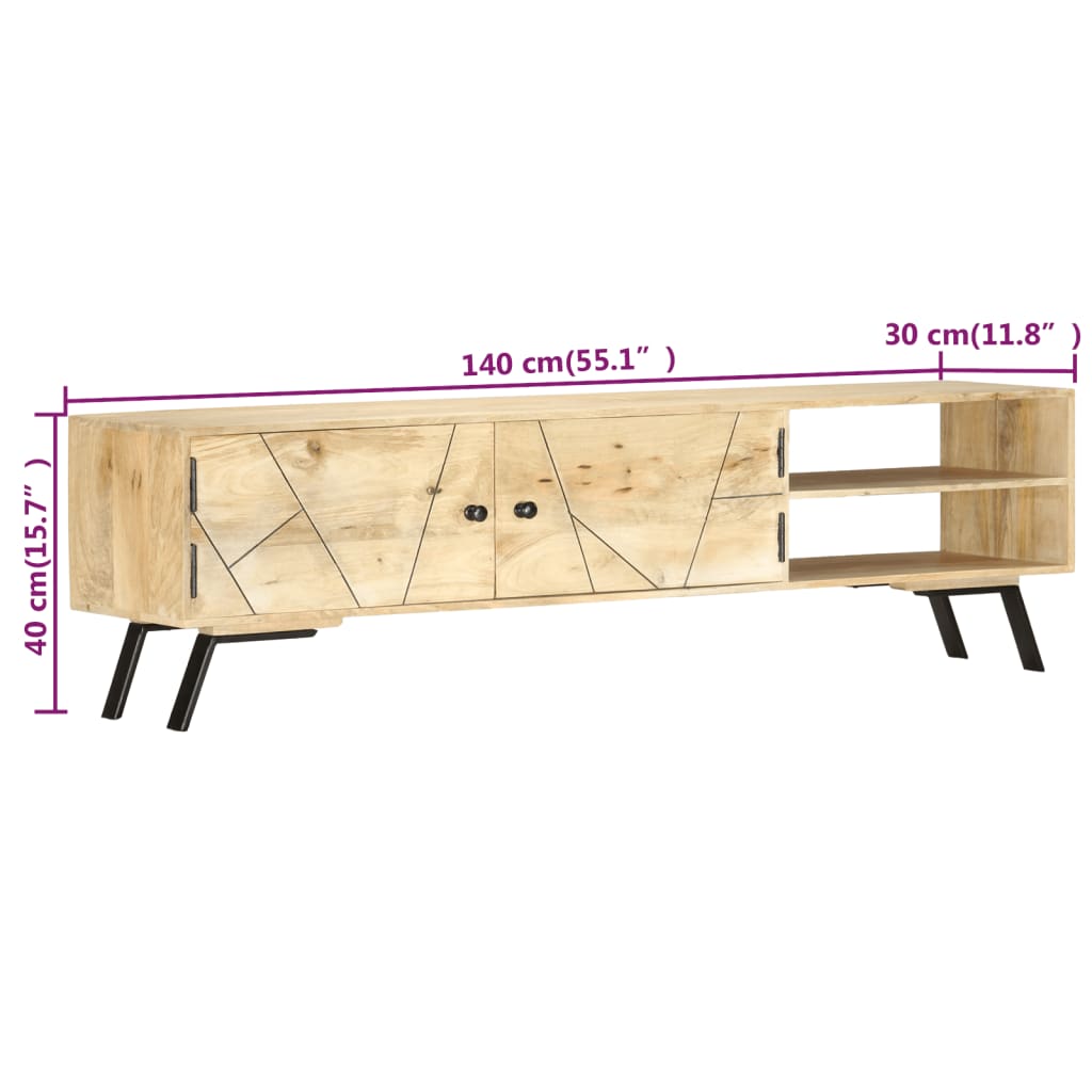 Mueble bajo de TV Saitama 2 puertas + 2 estantes madera de mango natural 40x140x30 cm