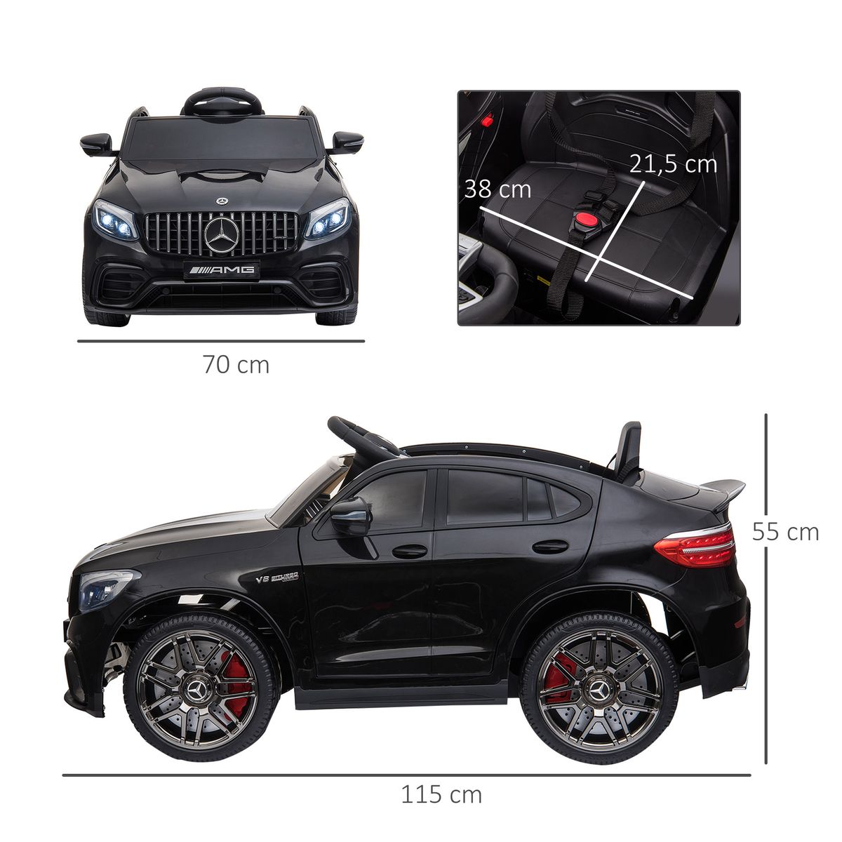 Coche eléctrico infantil AMG Homcom con música + luces negro 55x115x70 cm