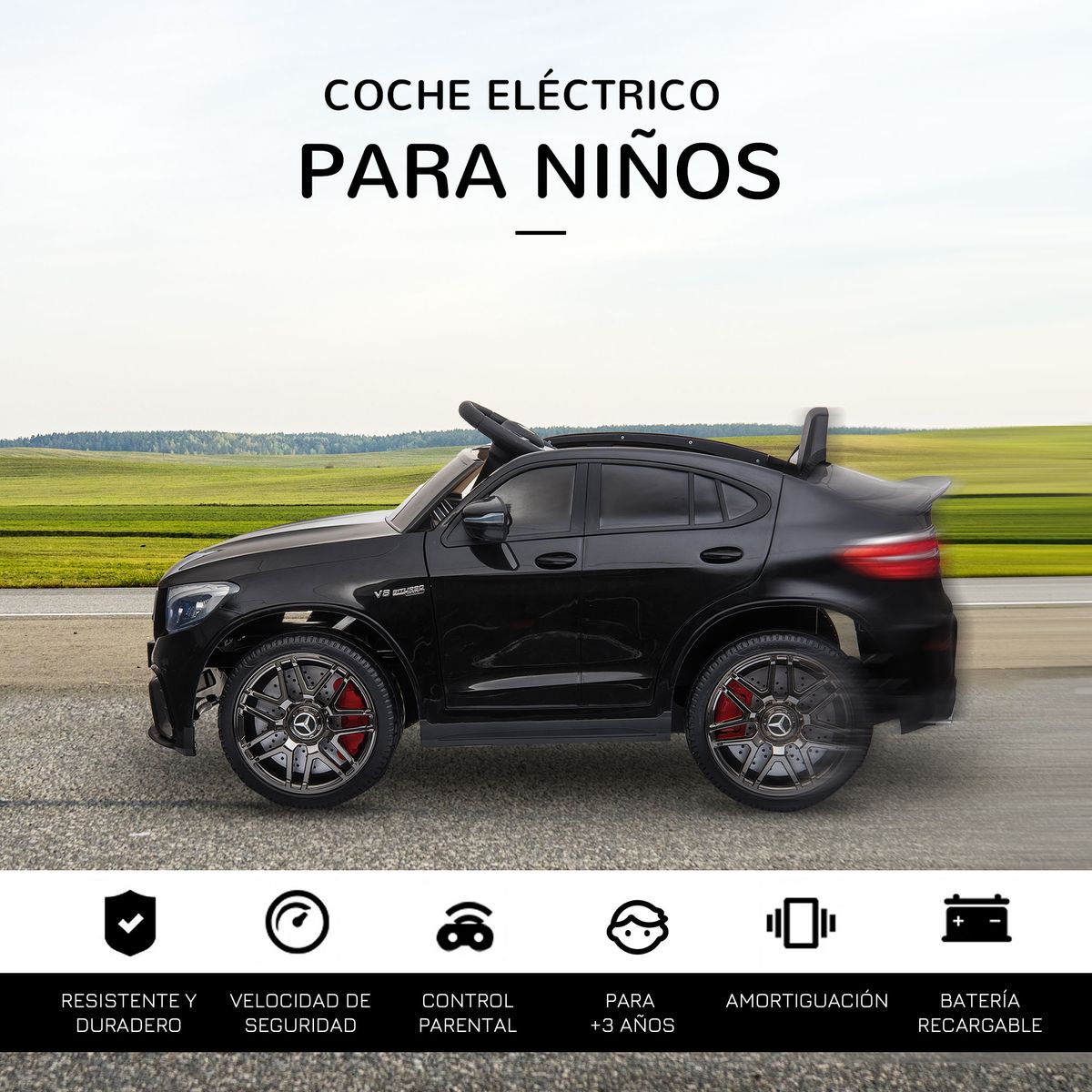 Coche eléctrico infantil AMG Homcom con música + luces negro 55x115x70 cm