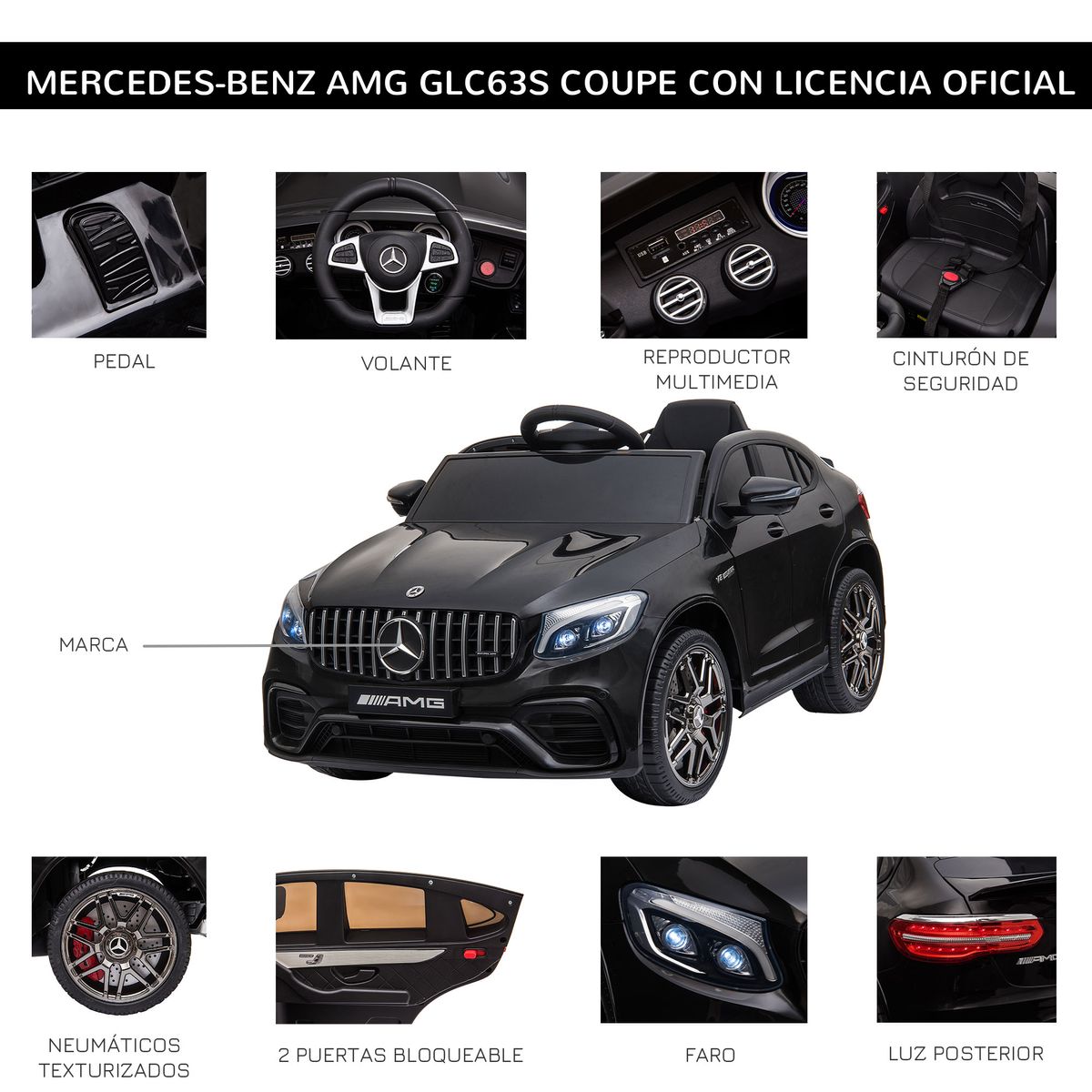 Coche eléctrico infantil AMG Homcom con música + luces negro 55x115x70 cm