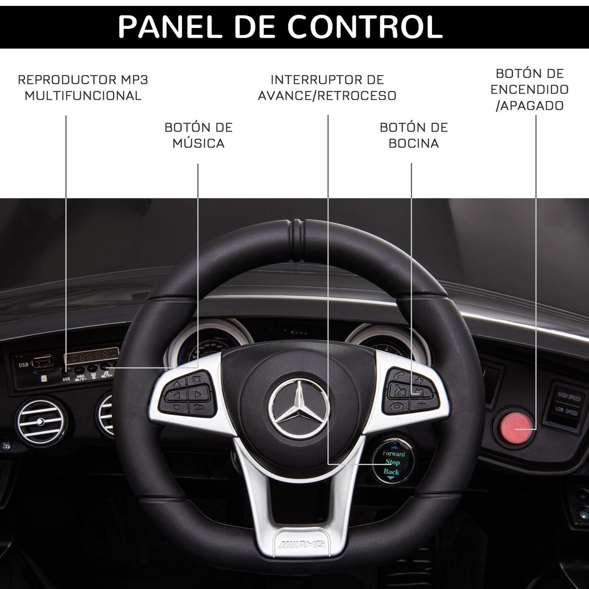 Coche eléctrico infantil AMG Homcom con música + luces negro 55x115x70 cm