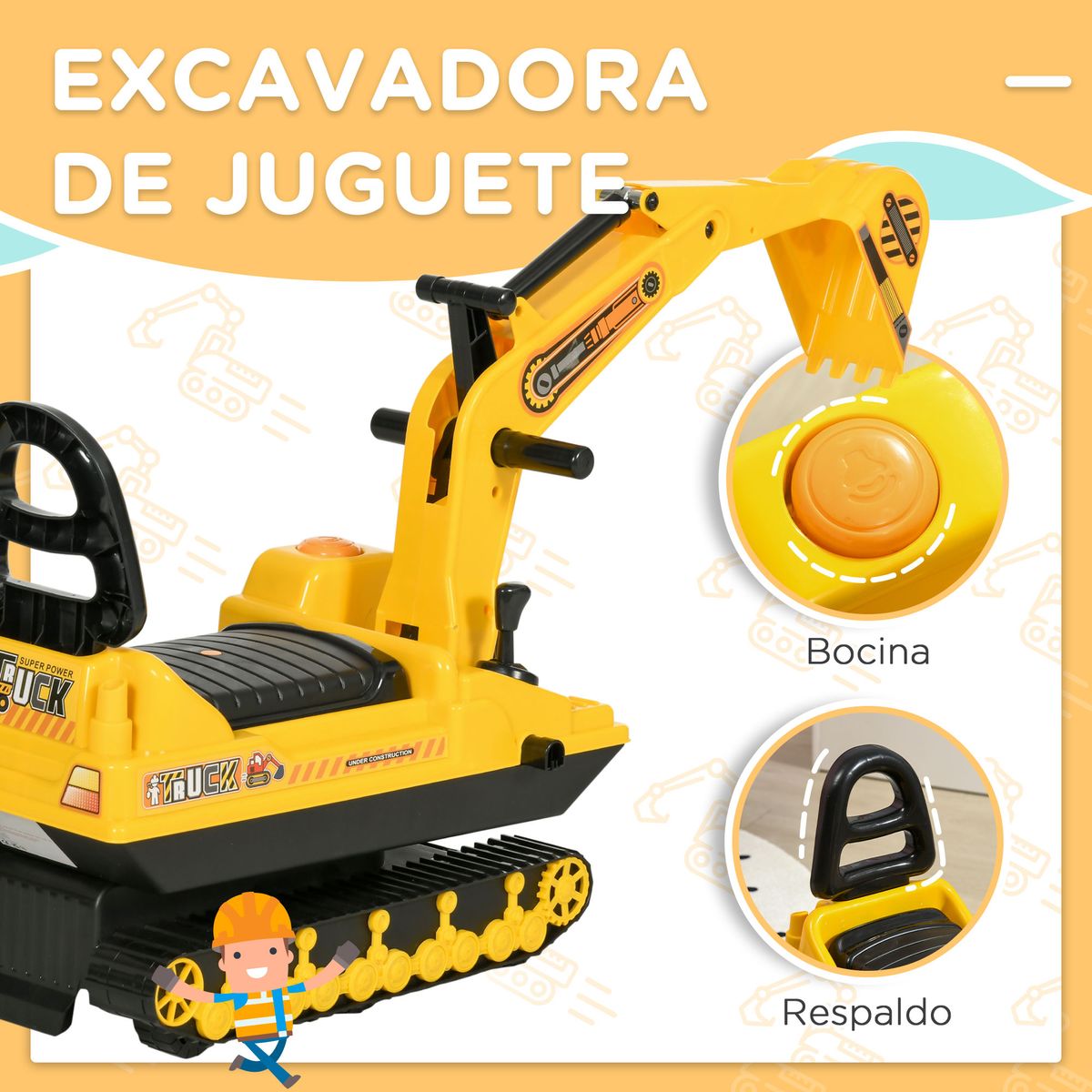 Excavadora infantil Homcom brazo móvil 18-48 meses amarillo 58,5x78x24 cm