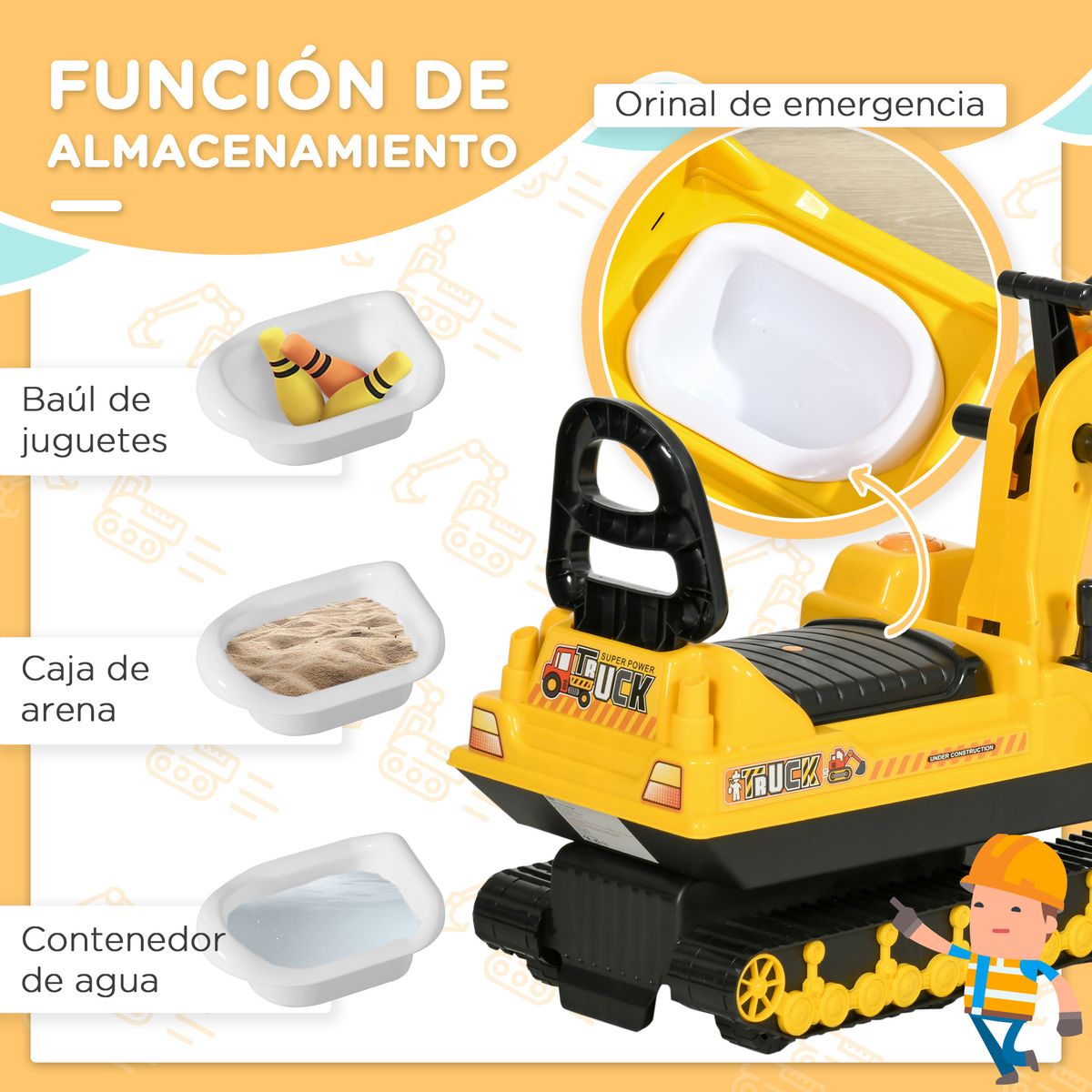 Excavadora infantil Homcom brazo móvil 18-48 meses amarillo 58,5x78x24 cm