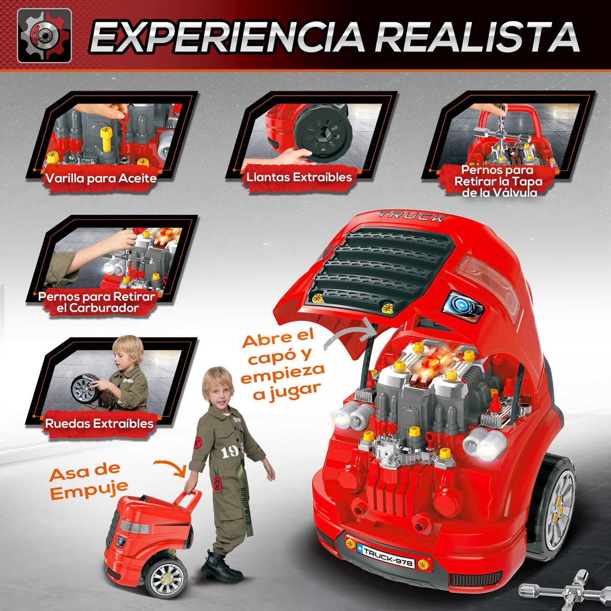 Motor de camión de juguete Homcom +3A con ruedas rojo 47x40x39 cm