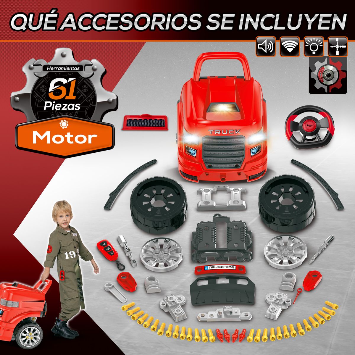 Motor de camión de juguete Homcom +3A con ruedas rojo 47x40x39 cm