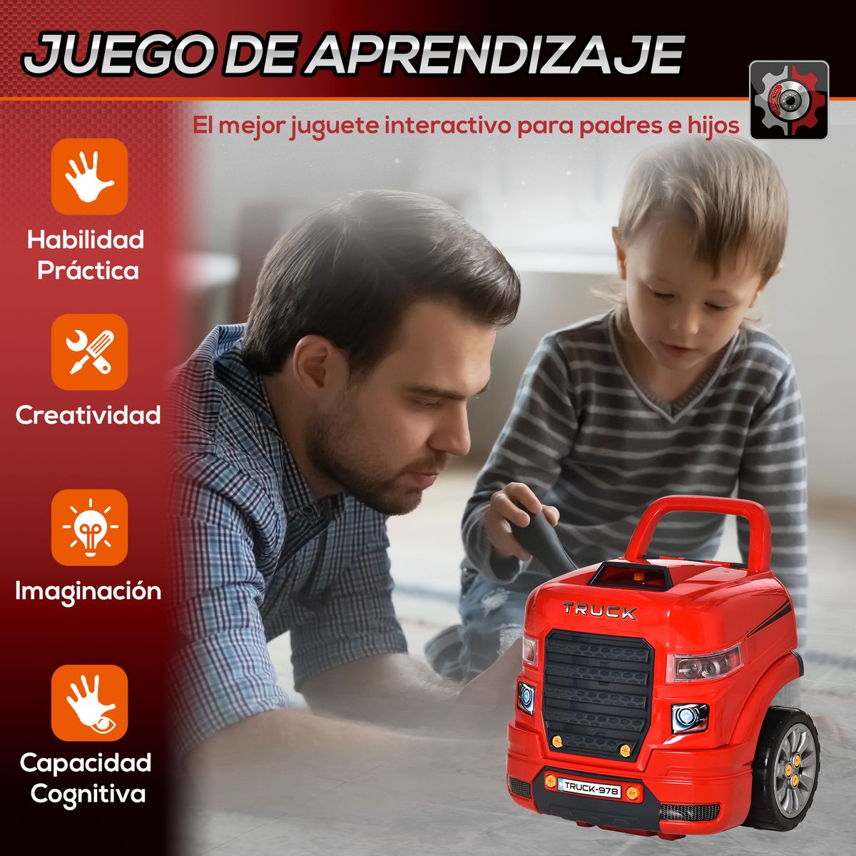 Motor de camión de juguete Homcom +3A con ruedas rojo 47x40x39 cm