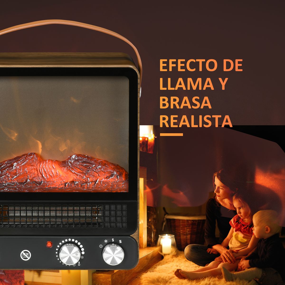 Chimenea eléctrica Homcom 750W/1500W nogal oscuro 37,4x30,3x17,5 cm