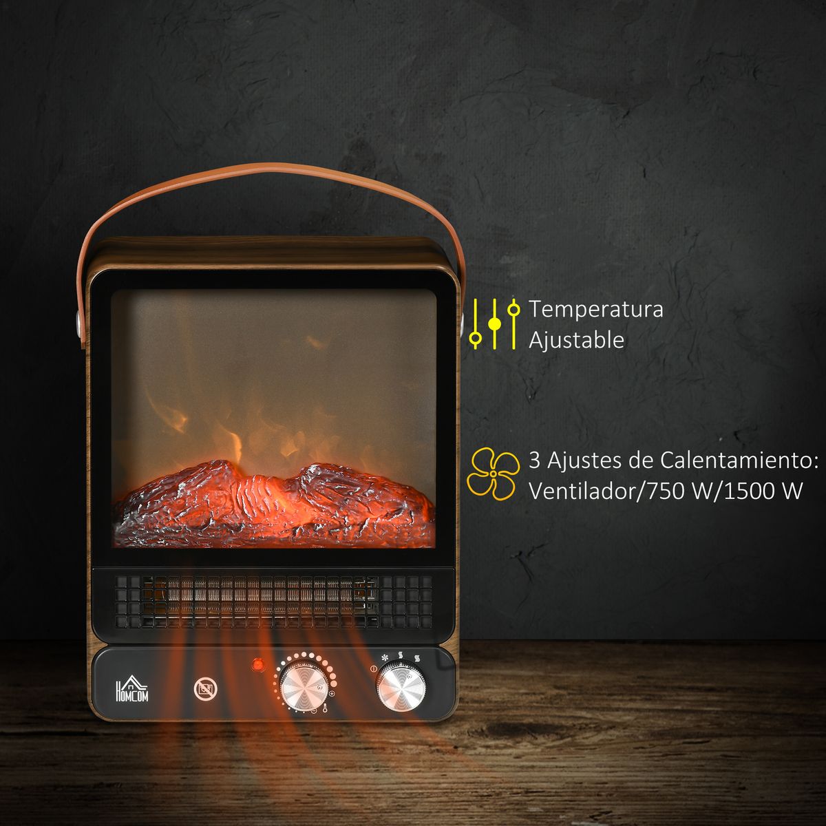 Chimenea eléctrica Homcom 750W/1500W nogal oscuro 37,4x30,3x17,5 cm