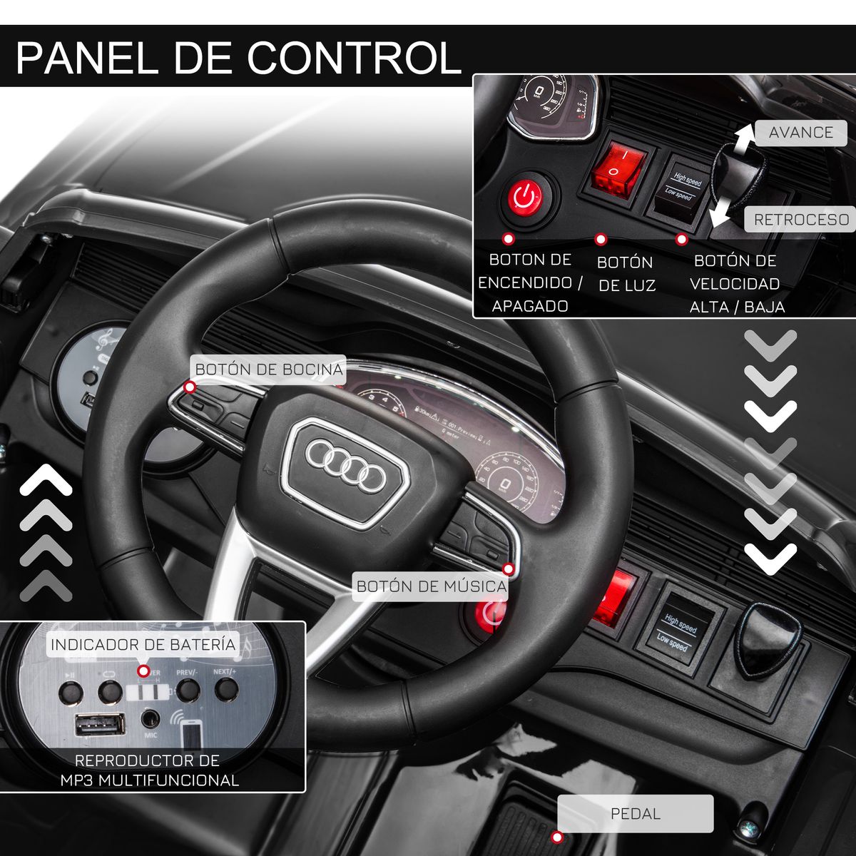 Coche eléctrico infantil Audi RS Q8 Homcom con mando a distancia negro 51x101x62 cm