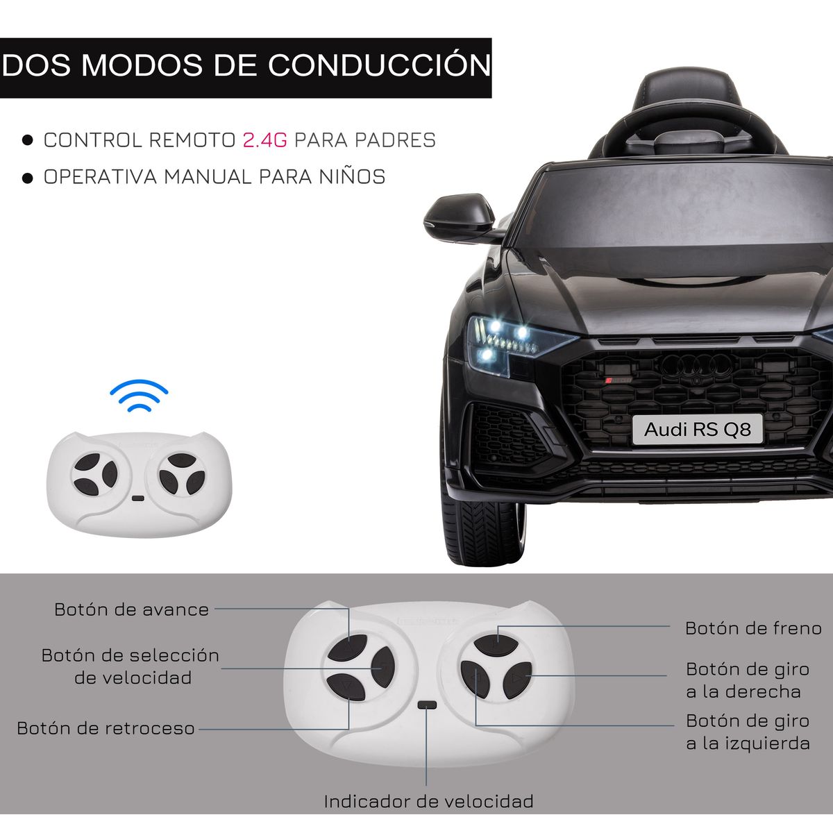 Coche eléctrico infantil Audi RS Q8 Homcom con mando a distancia negro 51x101x62 cm