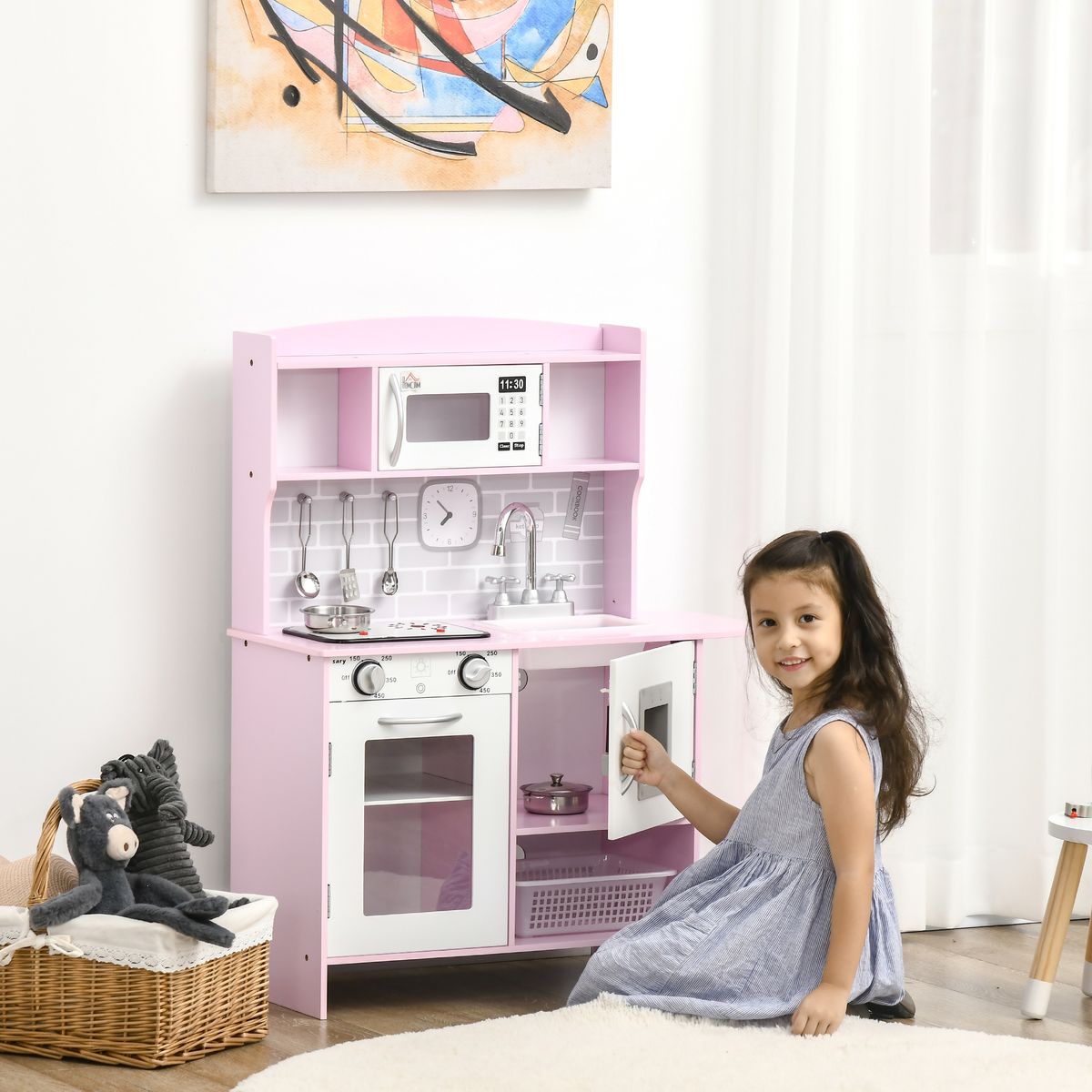 Cocina infantil Homcom con luz y sonidos +3ª rosa 90x70x29 cm