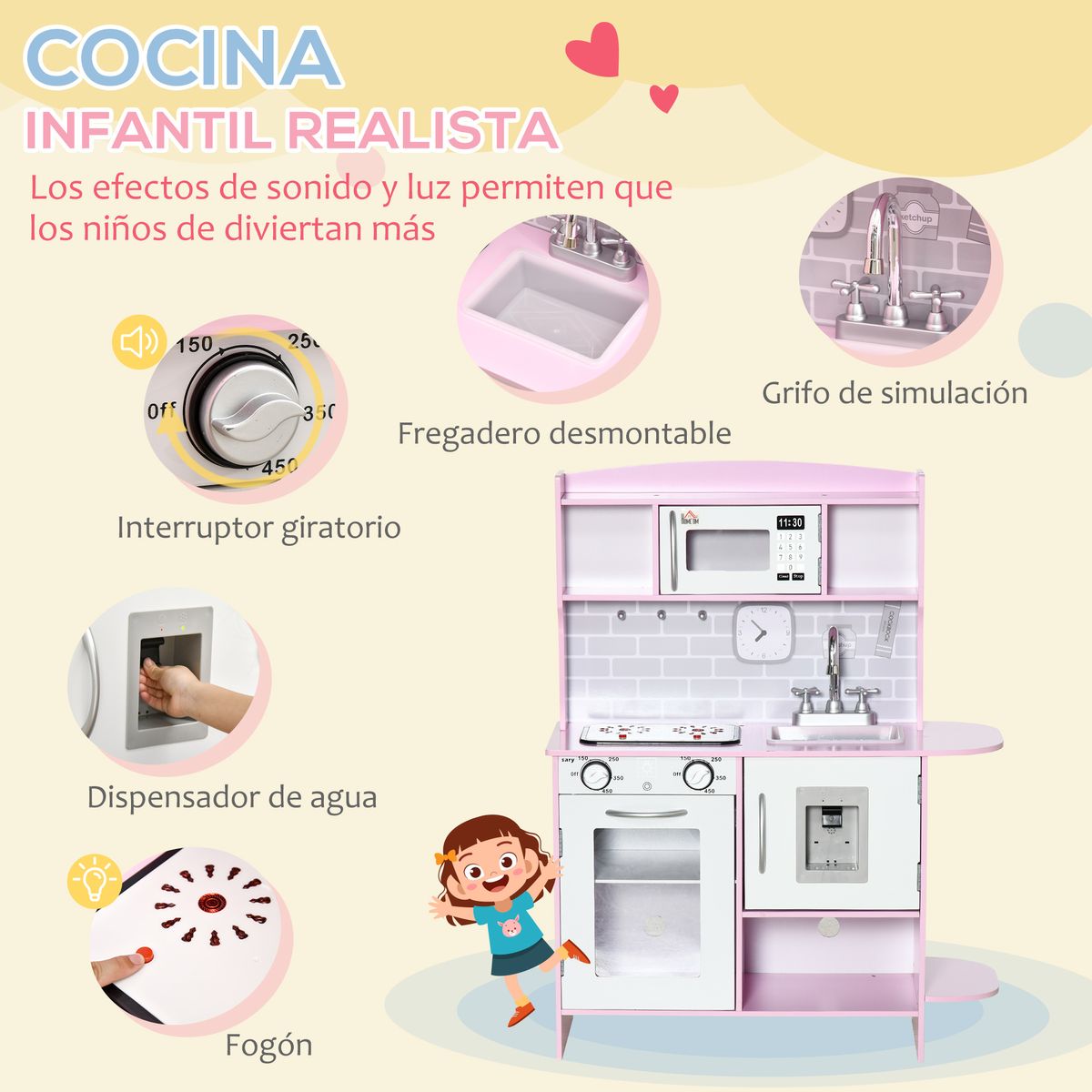 Cocina infantil Homcom con luz y sonidos +3ª rosa 90x70x29 cm