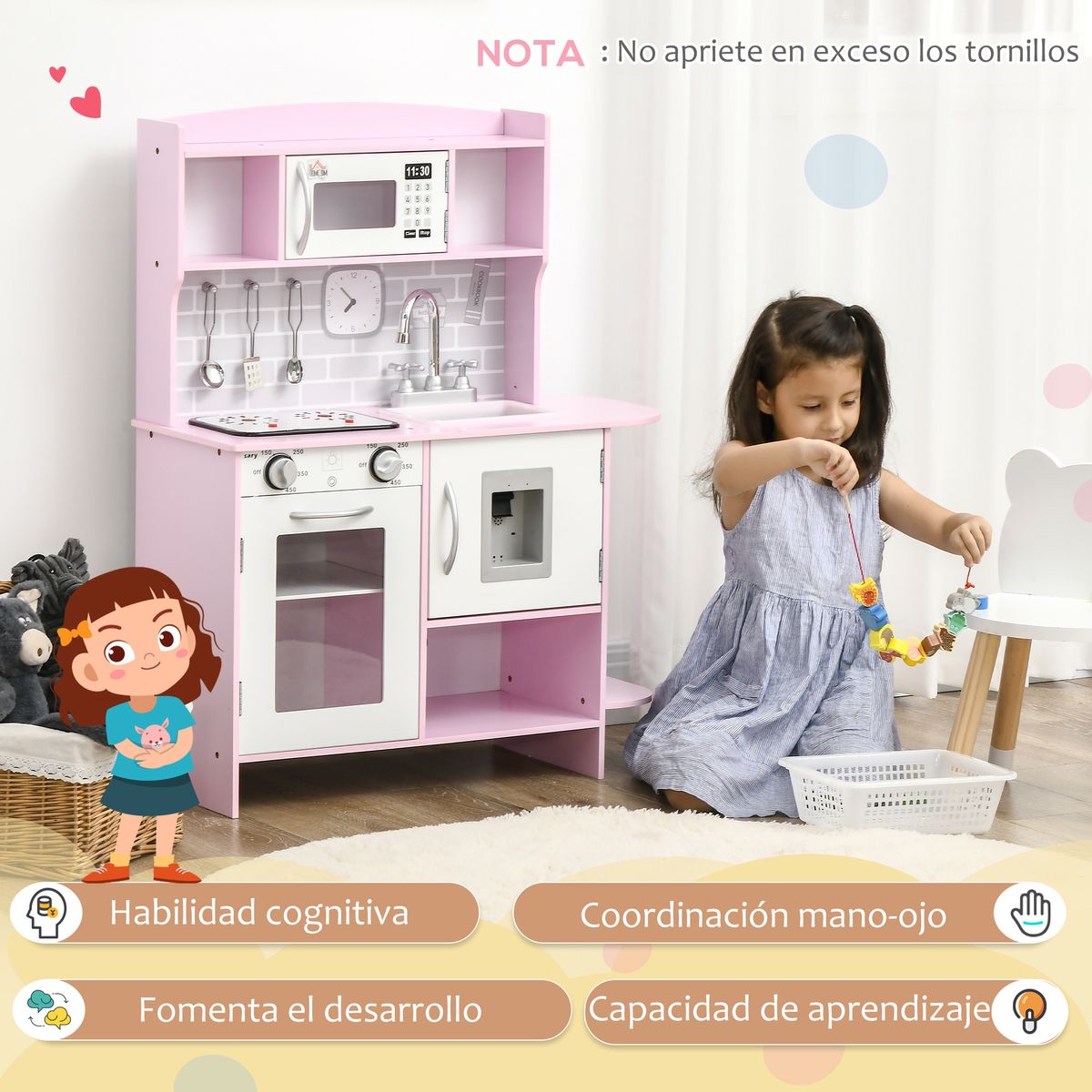 Cocina infantil Homcom con luz y sonidos +3ª rosa 90x70x29 cm