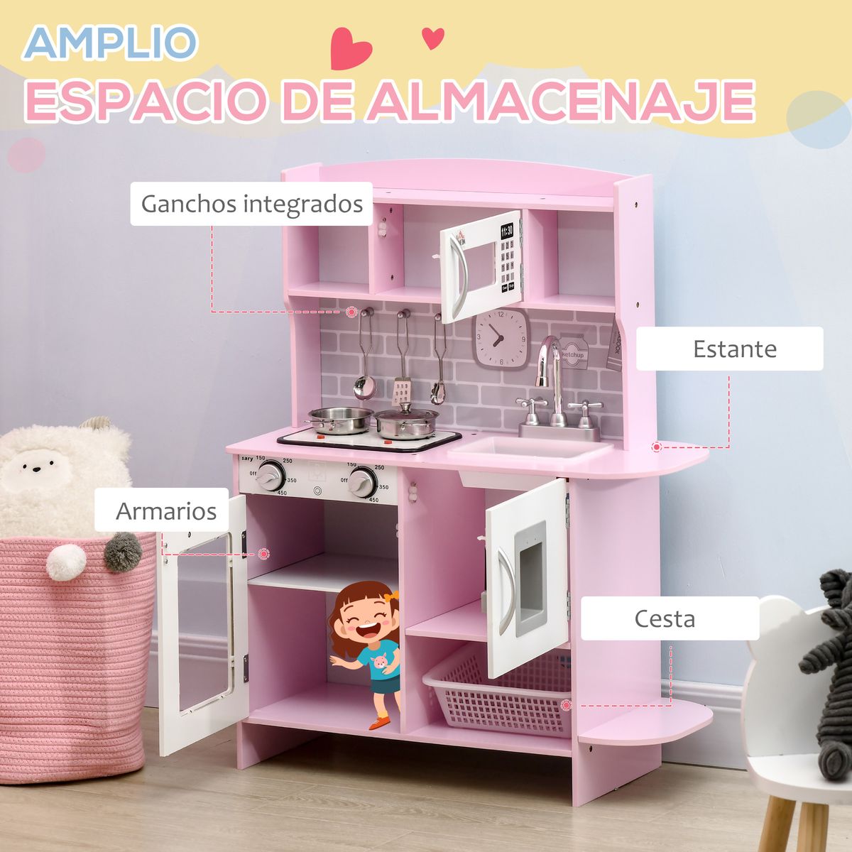 Cocina infantil Homcom con luz y sonidos +3ª rosa 90x70x29 cm