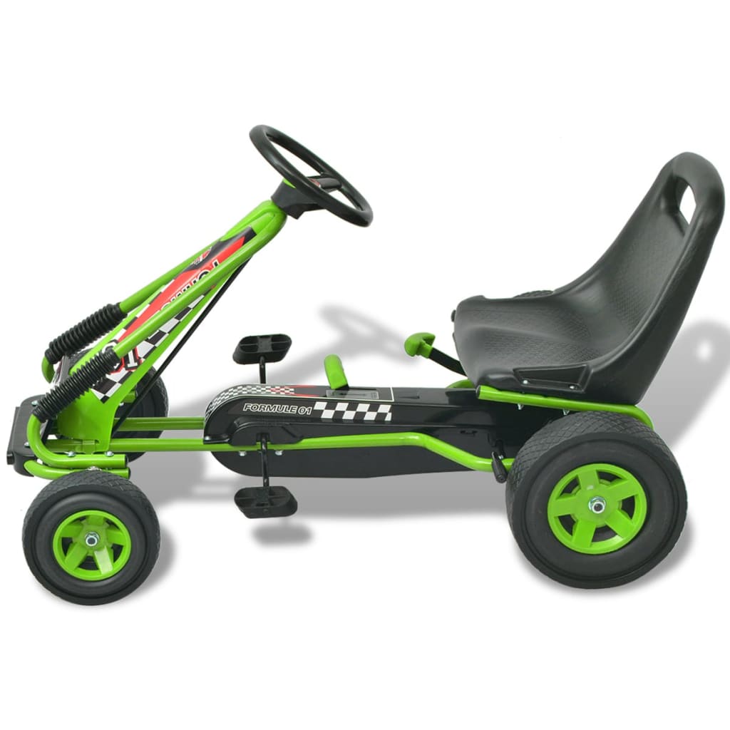 Kart infantil a pedales con asiento regulable +3A verde 60x96x56 cm fondo blanco
