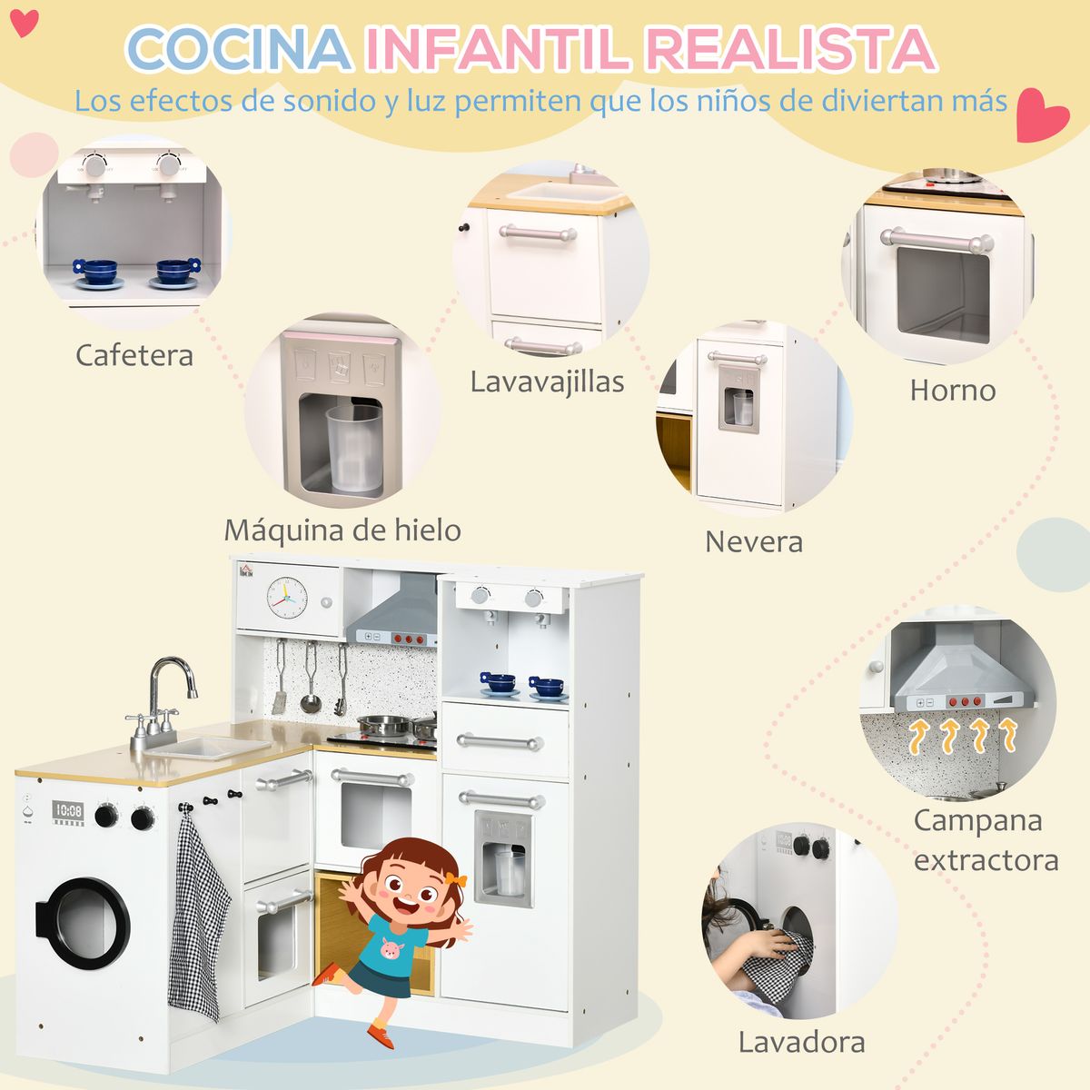 Cocina infantil Homcom con luces y sonido + accesorios +3A blanco/natural