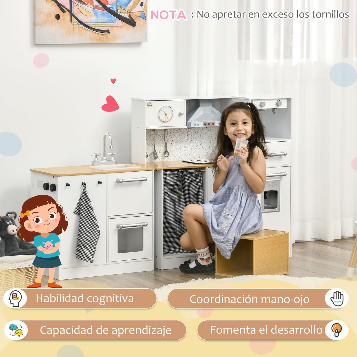 Cocina infantil Homcom con luces y sonido + accesorios +3A blanco/natural
