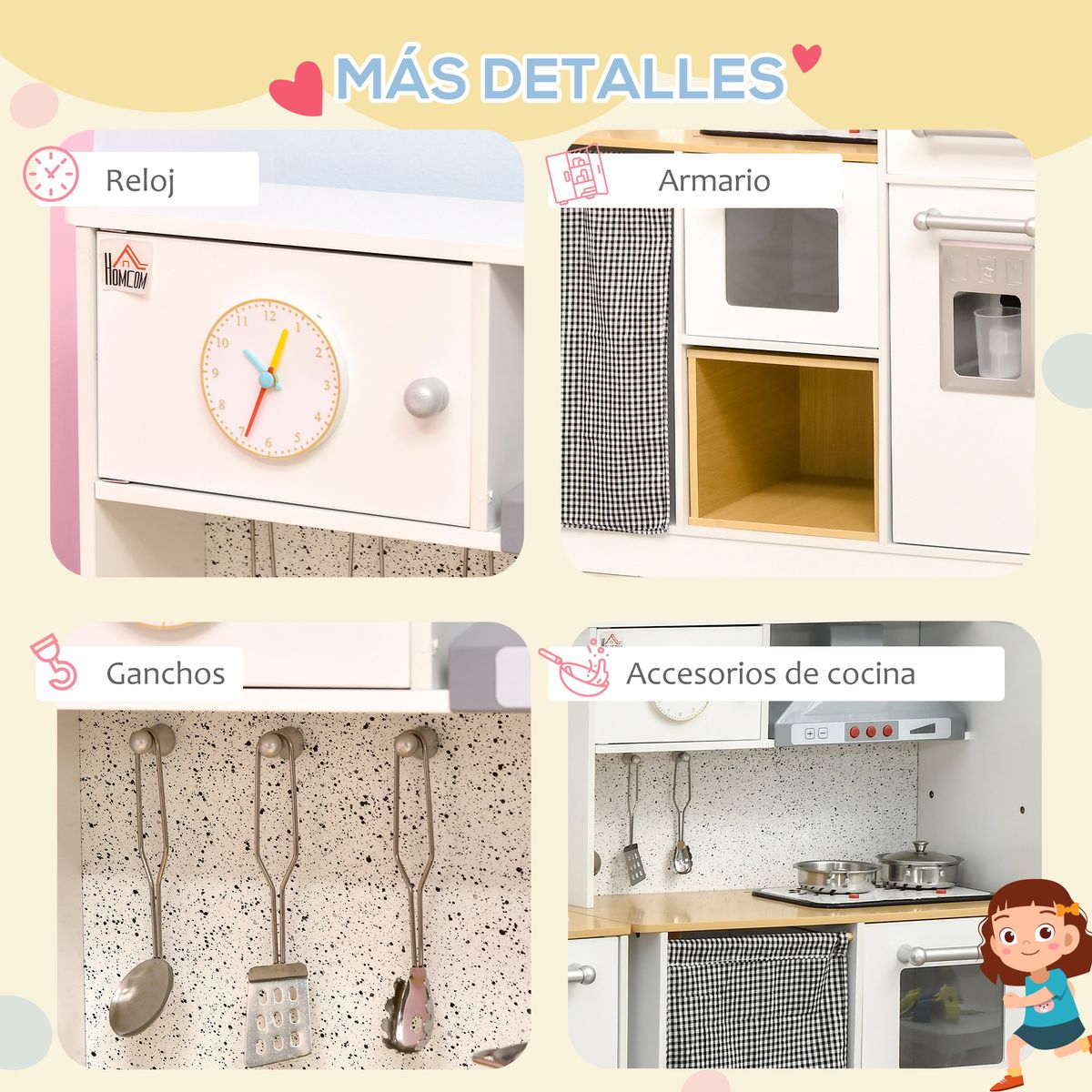 Cocina infantil Homcom con luces y sonido + accesorios +3A blanco/natural