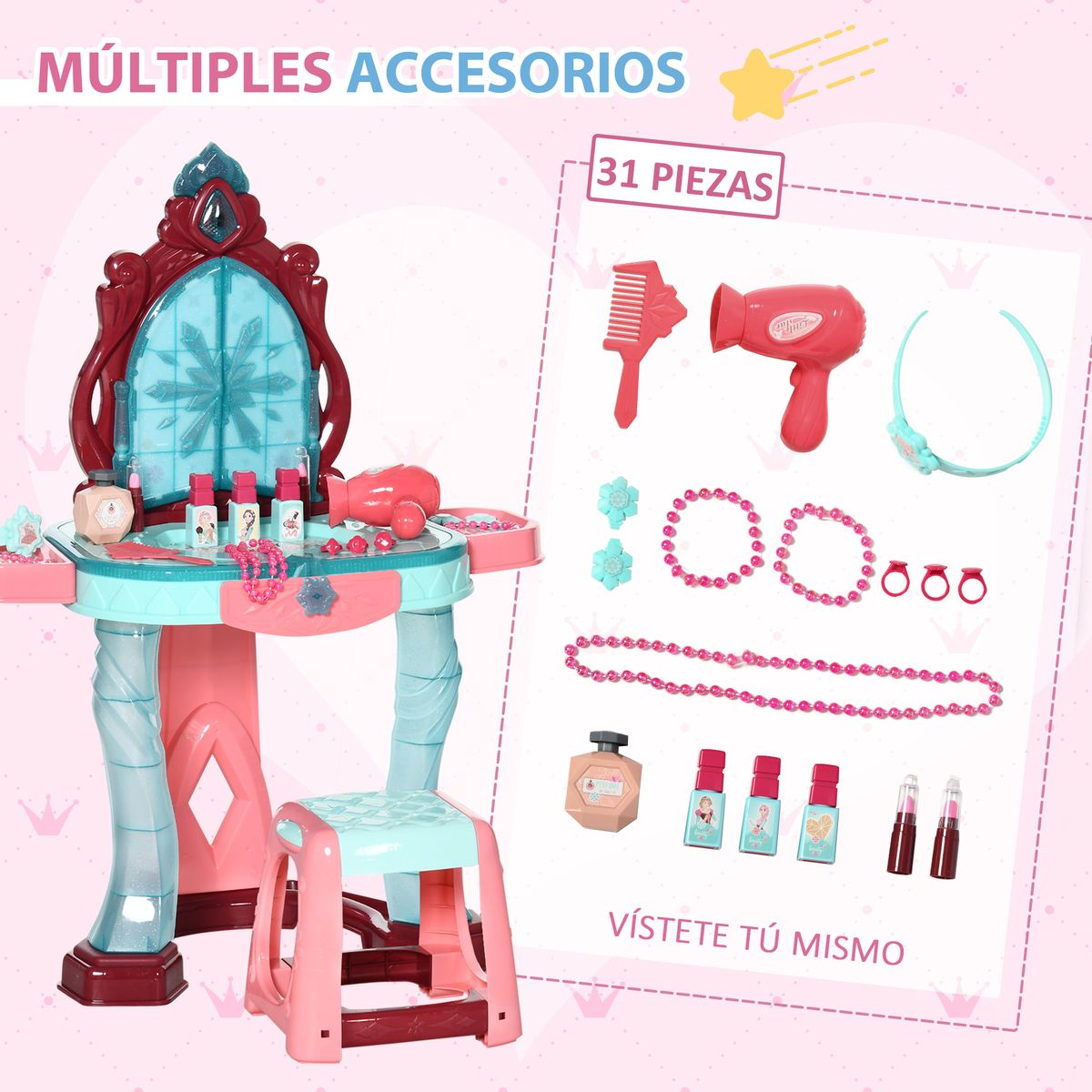 Tocador infantil Aiyaplay con espejo + luz + música +3A multicolor 76x57x34 cm