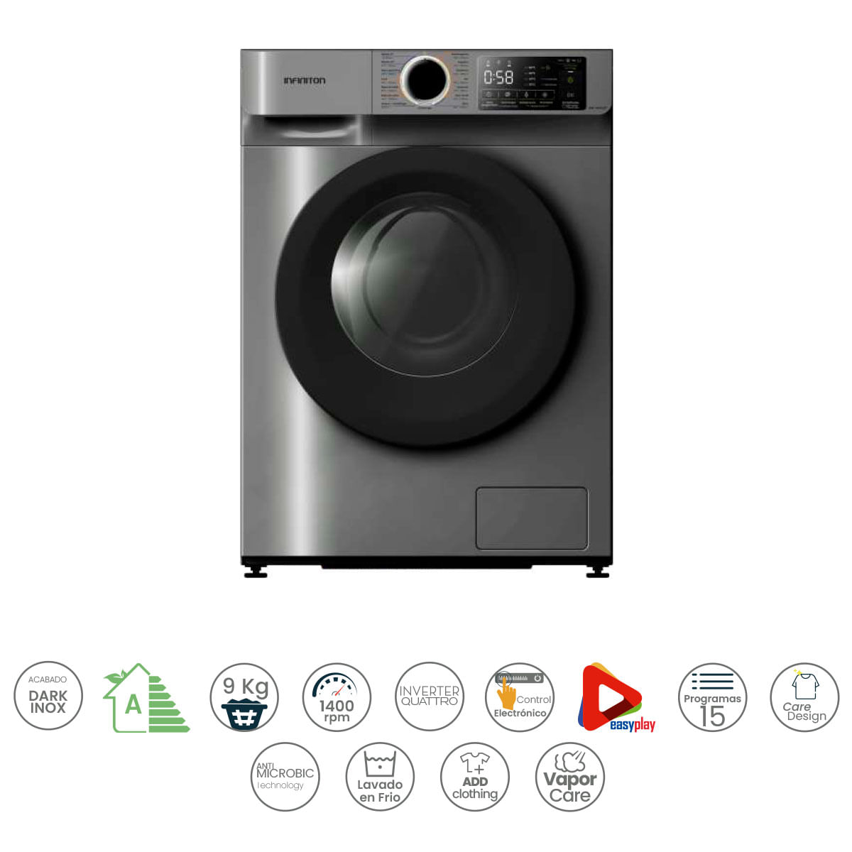 Lavadora Infiniton WM-N94ADK 9kg 1400 rpm motor Inverter Quattro A dark inox 85 cm