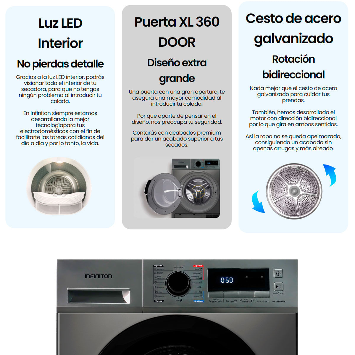 Secadora con bomba de calor Infiniton SD-HT86A2DK 8kg motor Inverter A dark inox 84,5 cm
