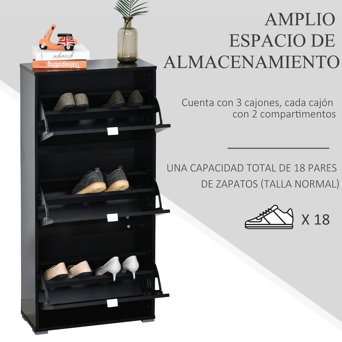 Zapatero Vergel Homcom 3 cajones 18 pares negro 124x60x26 cm detalle