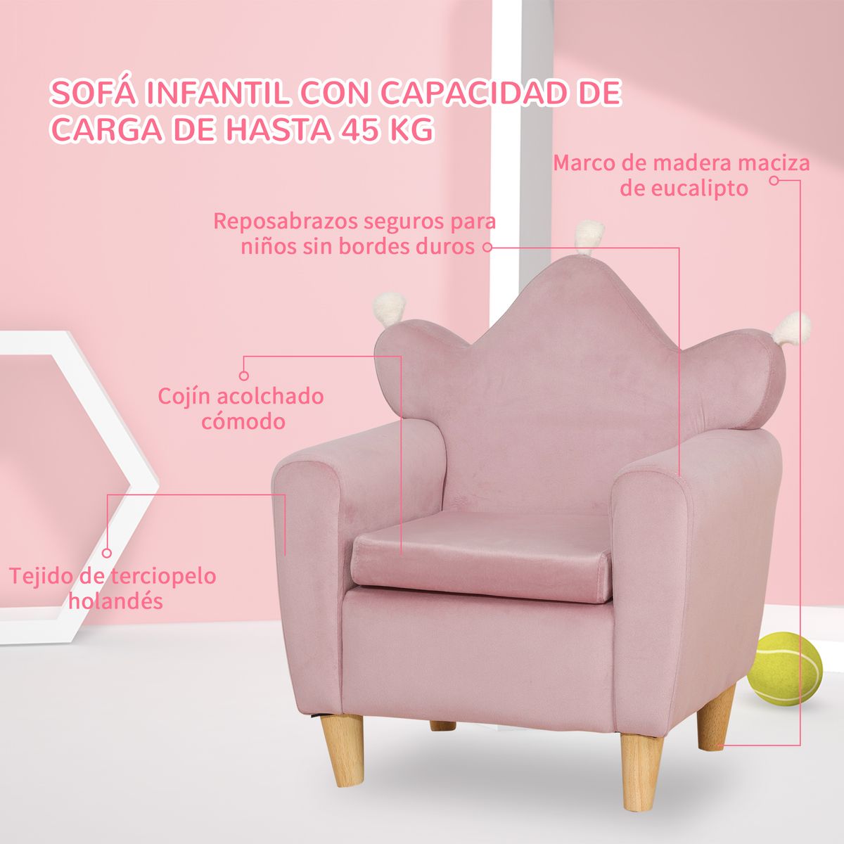 Sillón infantil Mandy Homcom diseño mini +3A rosa 58x50x42 cm