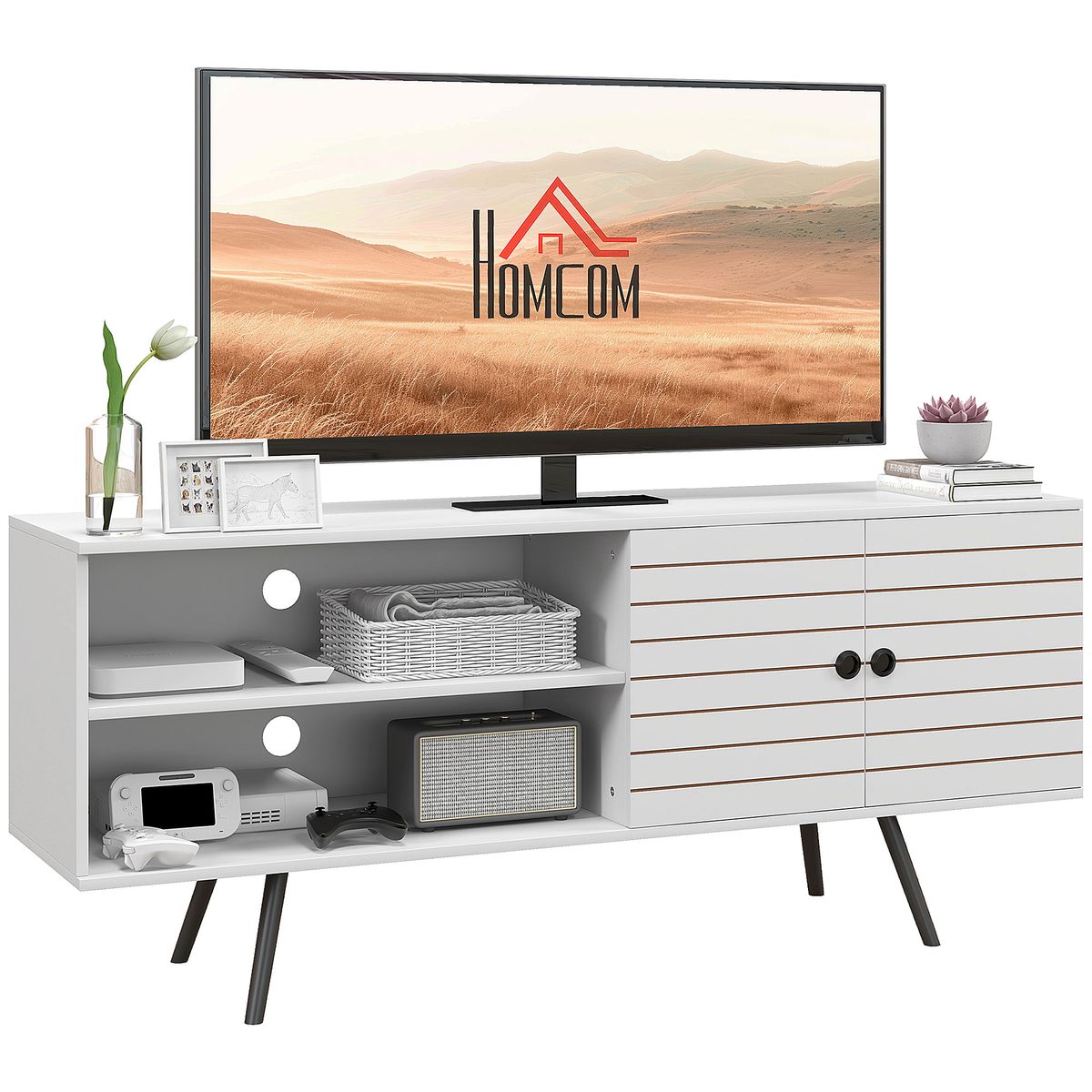 Mueble de TV Time Homcom 2 compartimentos + 2 puertas blanco 65x145x38 cm fondo blanco