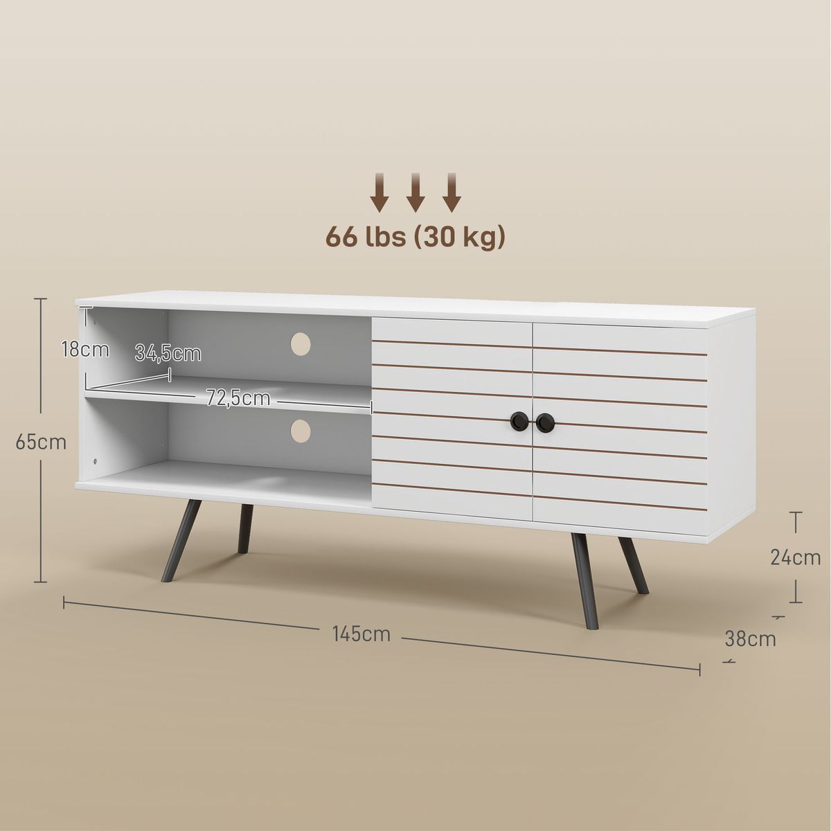 Mueble de TV Time Homcom 2 compartimentos + 2 puertas blanco 65x145x38 cm medidas