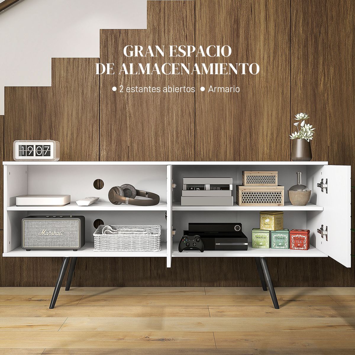 Mueble de TV Time Homcom 2 compartimentos + 2 puertas blanco 65x145x38 cm interior