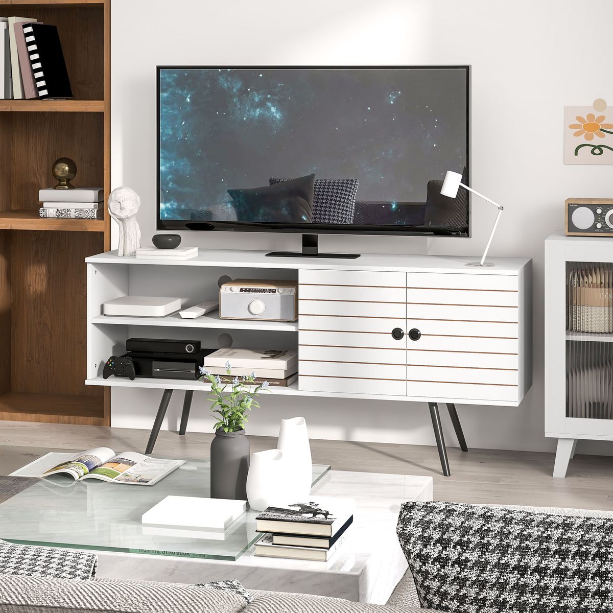 Mueble de TV Time Homcom 2 compartimentos + 2 puertas blanco 65x145x38 cm