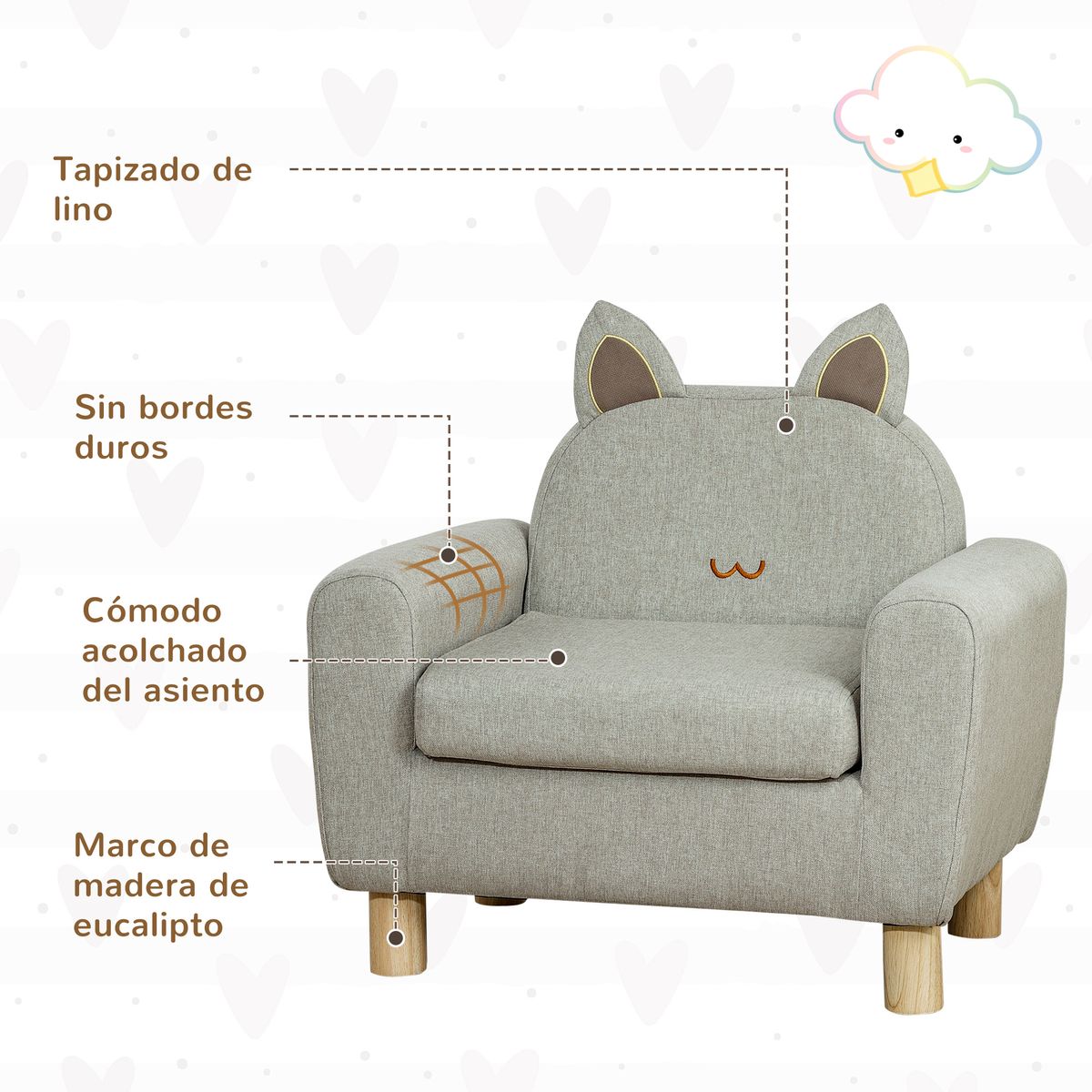 Sillón infantil Ruby Homcom diseño mini +3A gris 53x61x42 cm