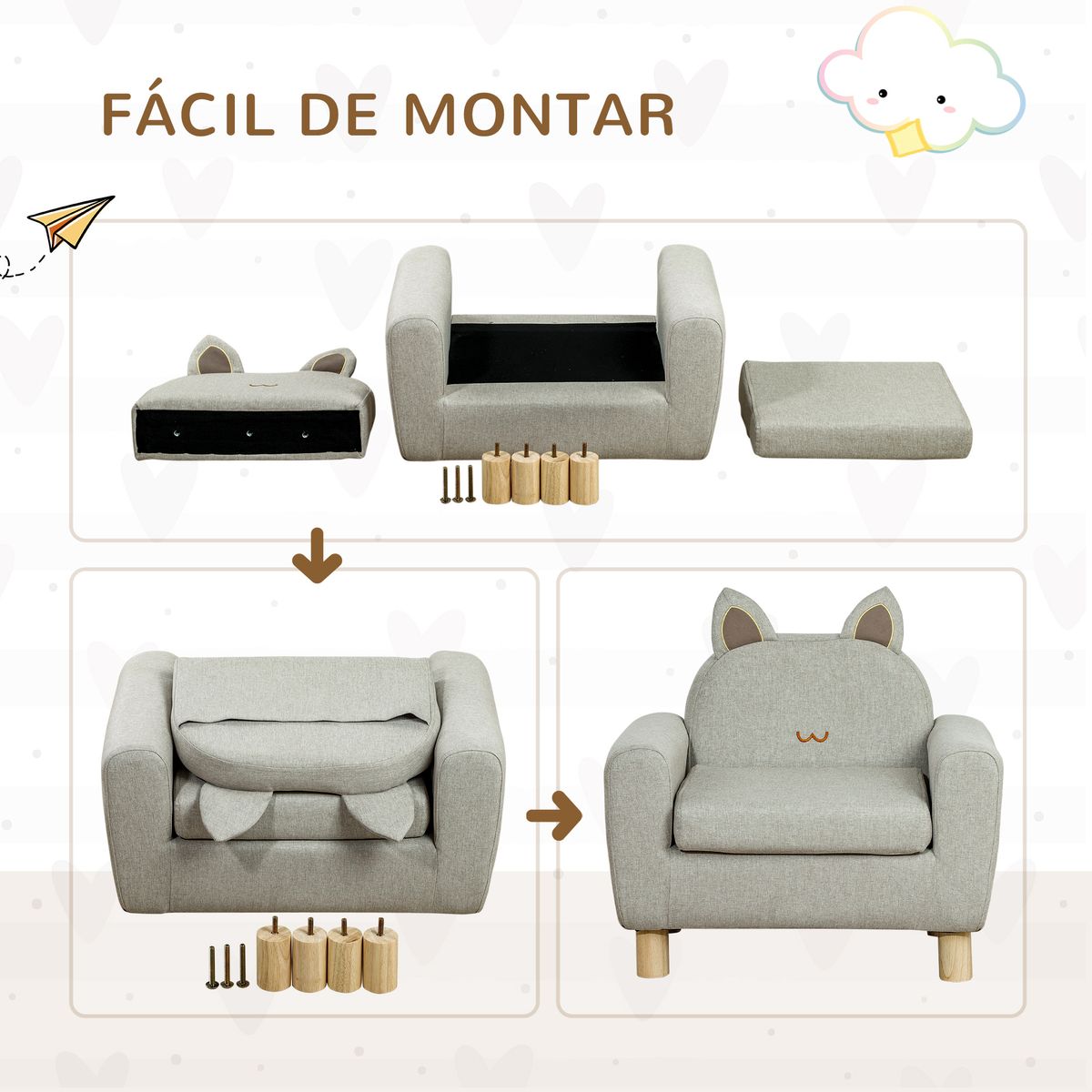 Sillón infantil Ruby Homcom diseño mini +3A gris 53x61x42 cm