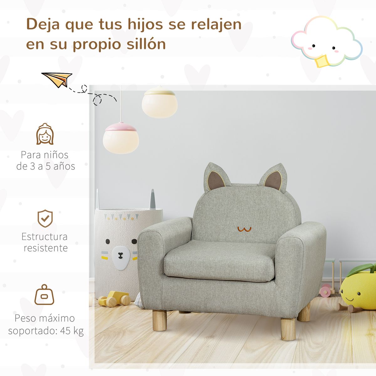 Sillón infantil Ruby Homcom diseño mini +3A gris 53x61x42 cm