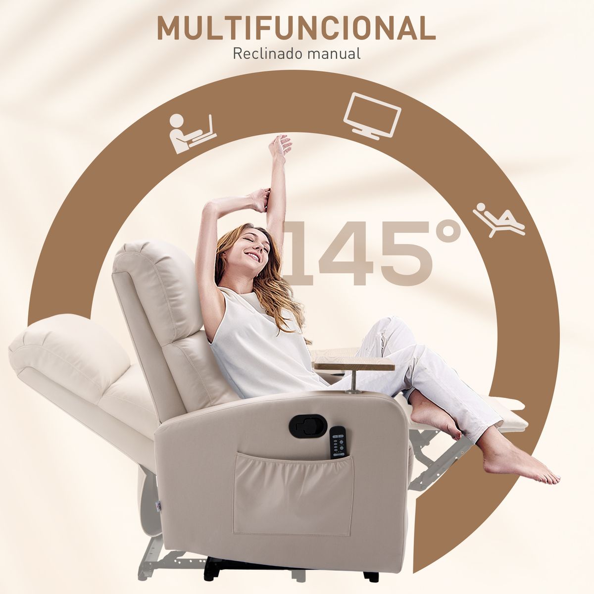 Sillón de masaje Dile Homcom con mesa giratoria 4 modos beige 105x77x93 cm