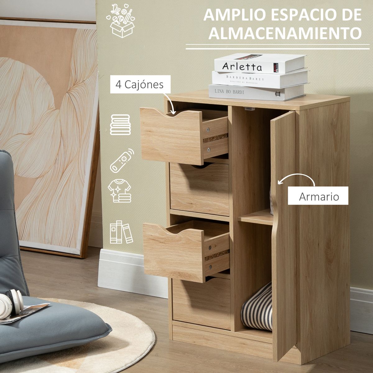 Cajonera Luxi Homcom 4 cajones + 1 puerta roble 83x54x29 cm caracteristicas