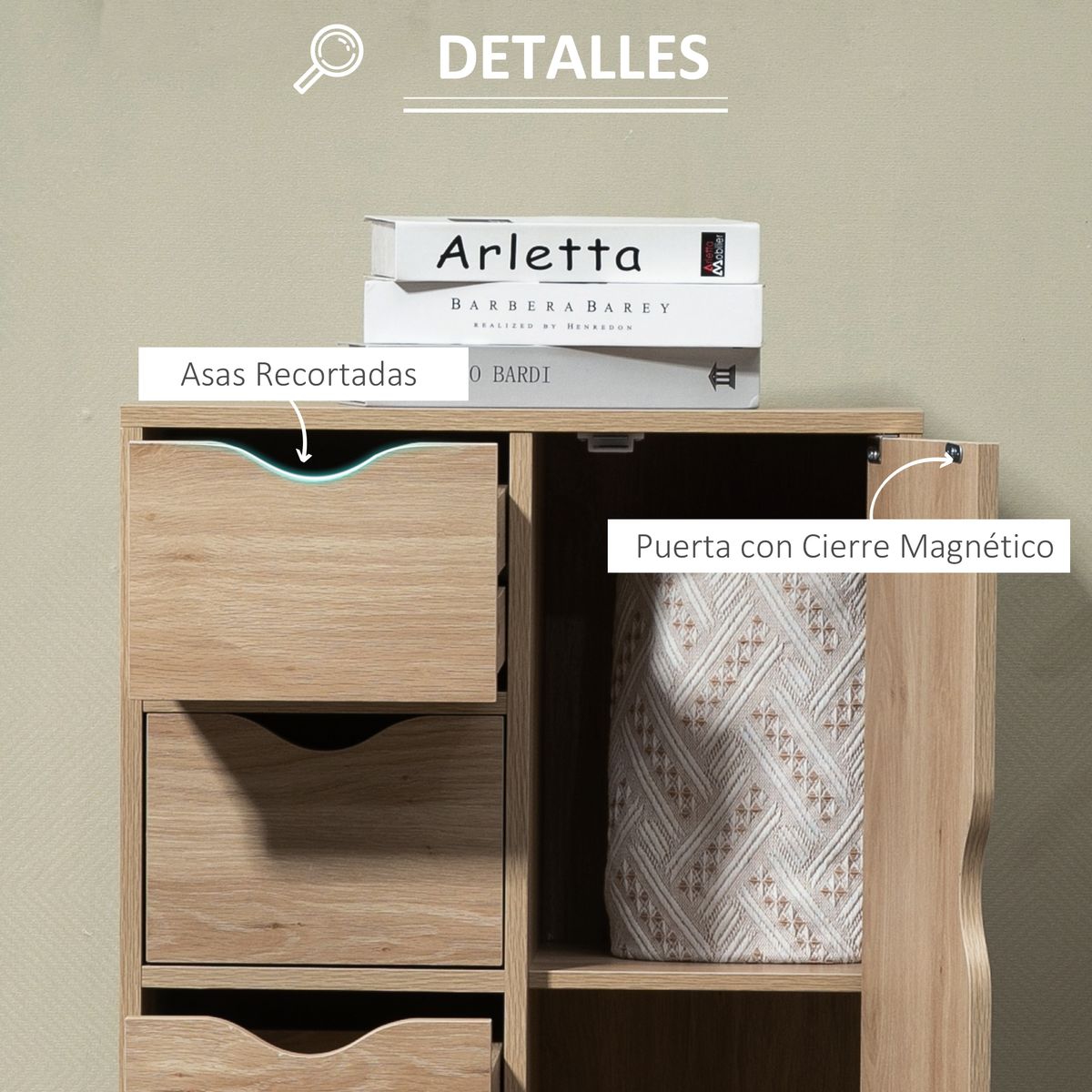 Cajonera Luxi Homcom 4 cajones + 1 puerta roble 83x54x29 cm detalles interior