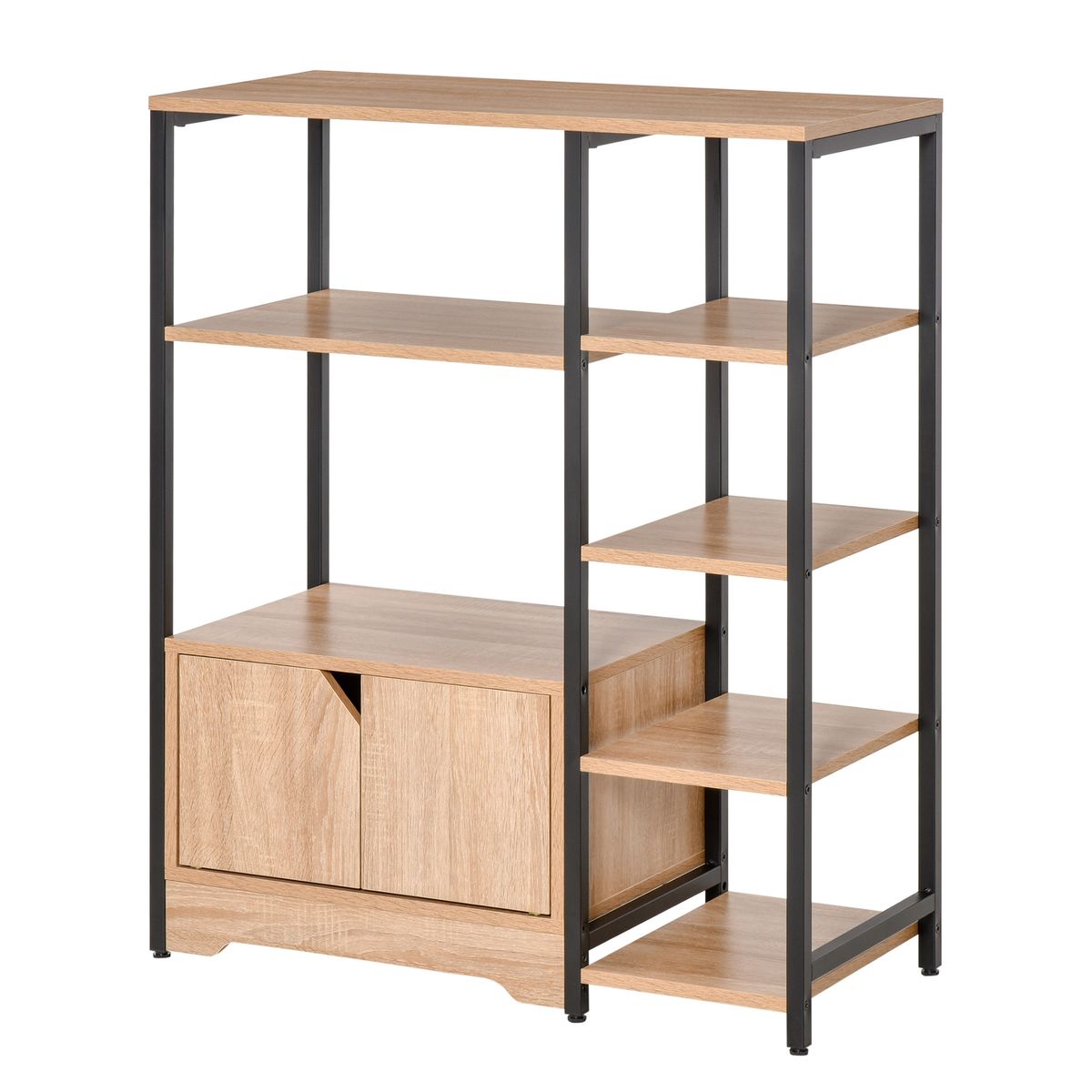 Estantería Miss Homcom doble puerta + 5 estantes natural/negro 97x80x35 cm fondo blanco