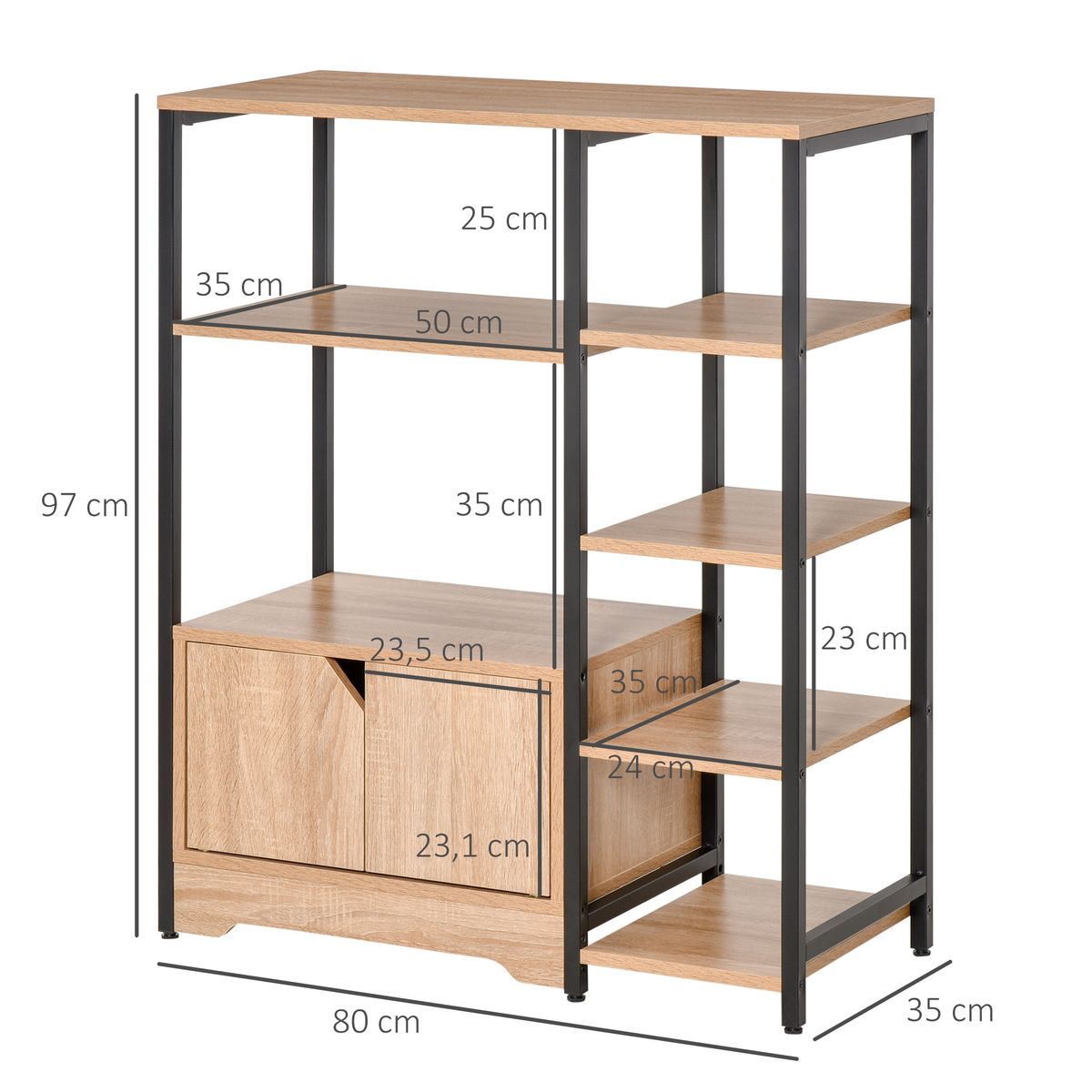 Estantería Miss Homcom doble puerta + 5 estantes natural/negro 97x80x35 cm medidas