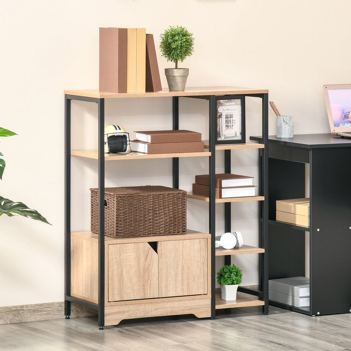 Estantería Miss Homcom doble puerta + 5 estantes natural/negro 97x80x35 cm animadas