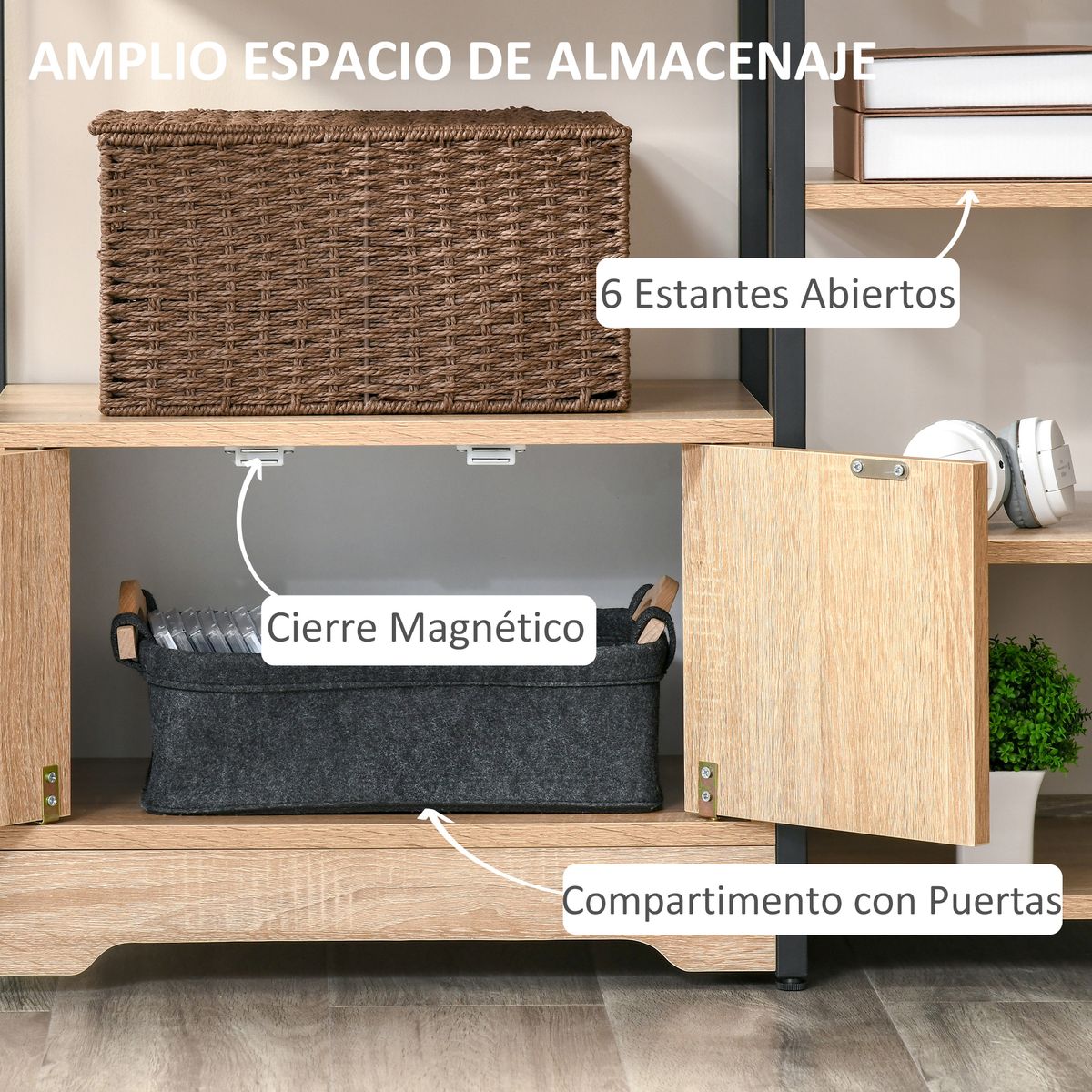 Estantería Miss Homcom doble puerta + 5 estantes natural/negro 97x80x35 cm detalle interior