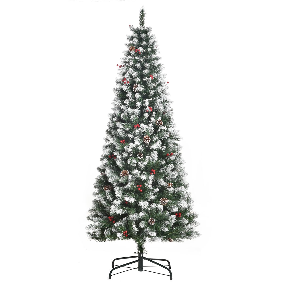 Árbol de Navidad Homcom 618 ramas efecto nevado con decoraciones verde Ø65x180 cm fondo blanco