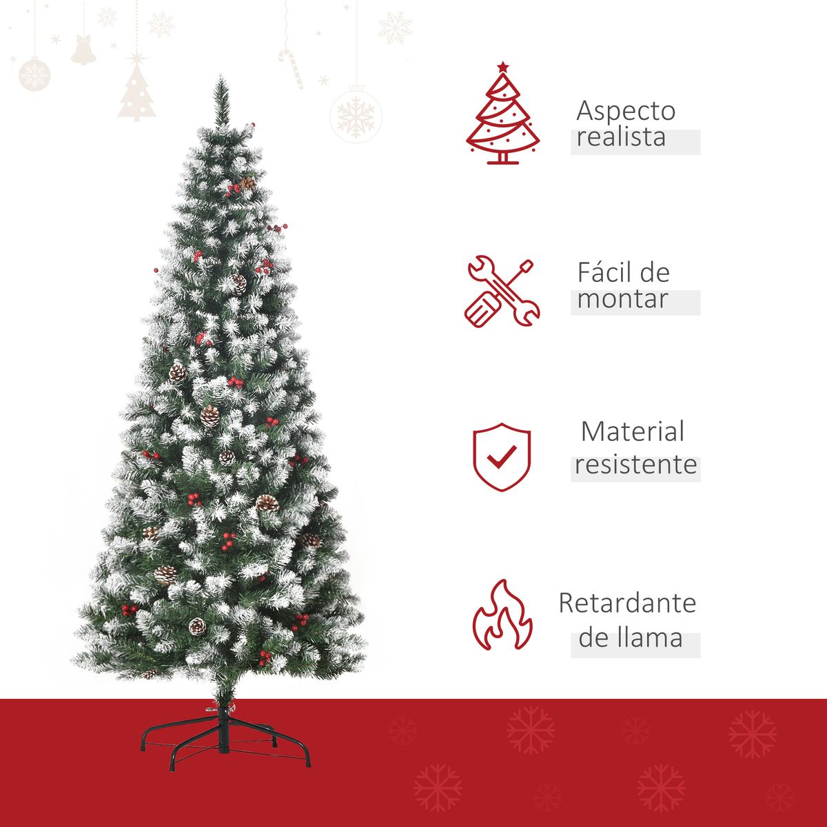 Árbol de Navidad Homcom 618 ramas efecto nevado con decoraciones verde Ø65x180 cm caracteristicas
