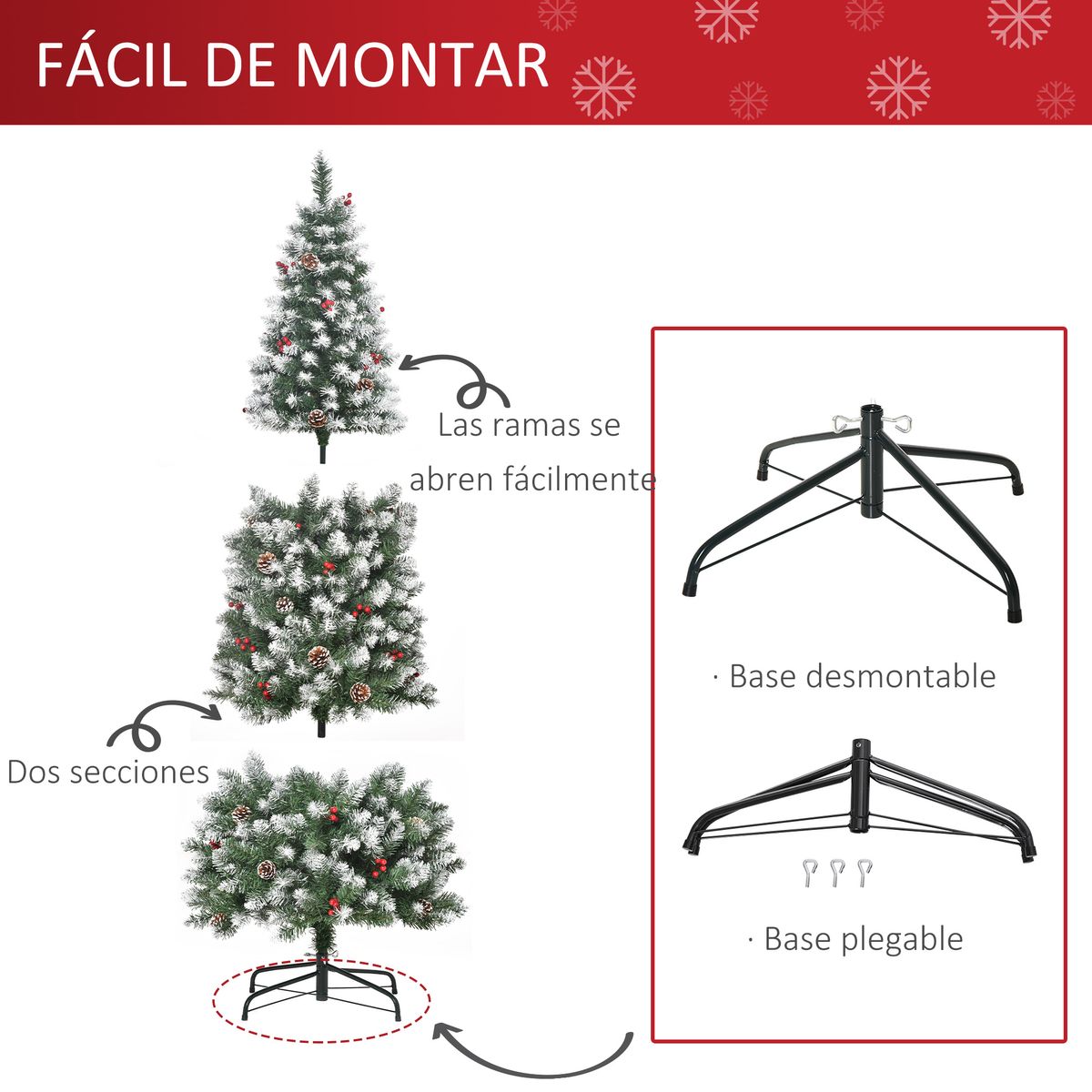 Árbol de Navidad Homcom 618 ramas efecto nevado con decoraciones verde Ø65x180 cm base