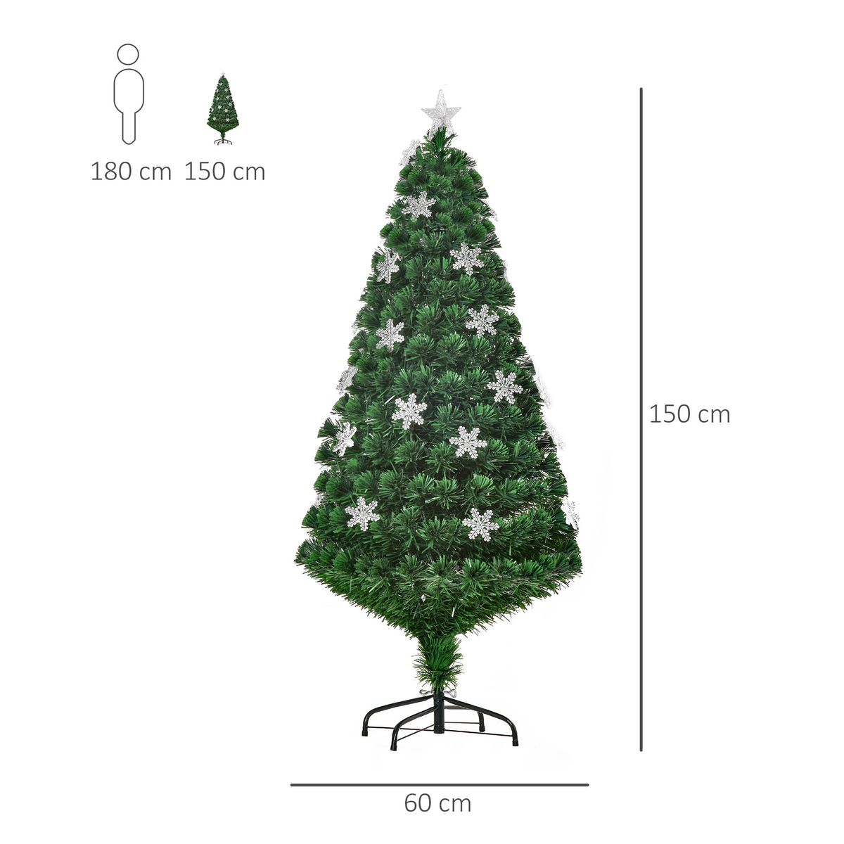Árbol de Navidad Homcom 180 ramas 21 LEDs con decoración navideña multicolor Ø60x150 cm medidas