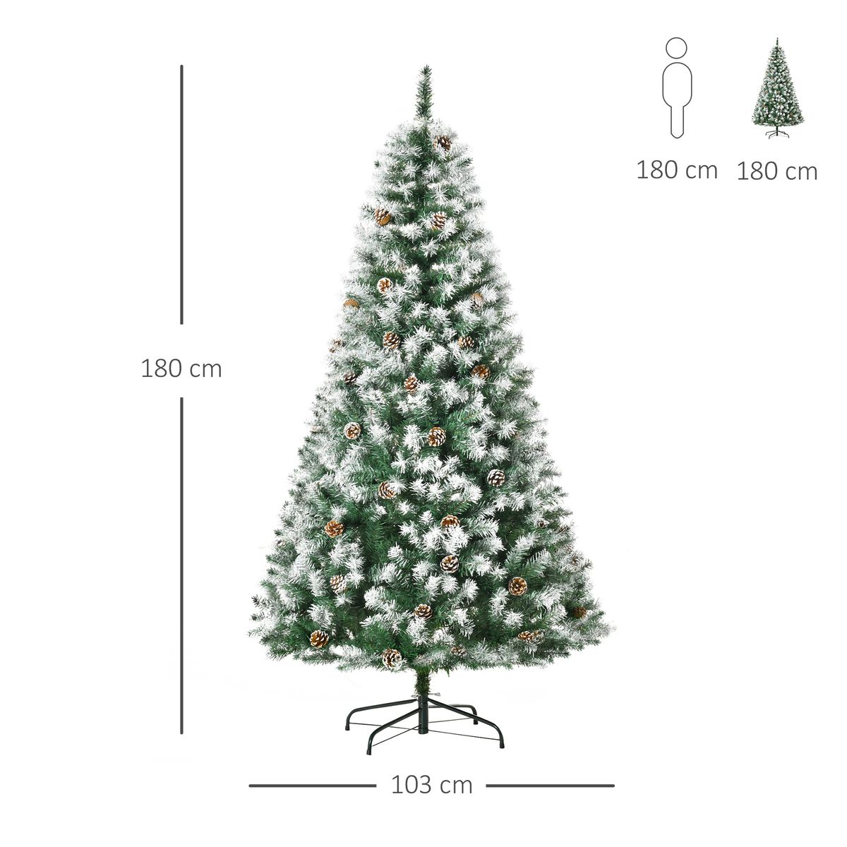 Árbol de Navidad Homcom 800 ramas con decoración efecto nieve verde Ø103x180 cm medidas