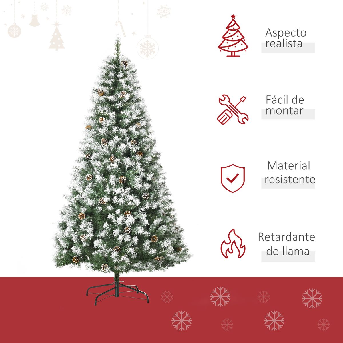 Árbol de Navidad Homcom 800 ramas con decoración efecto nieve verde Ø103x180 cm caracteristicas